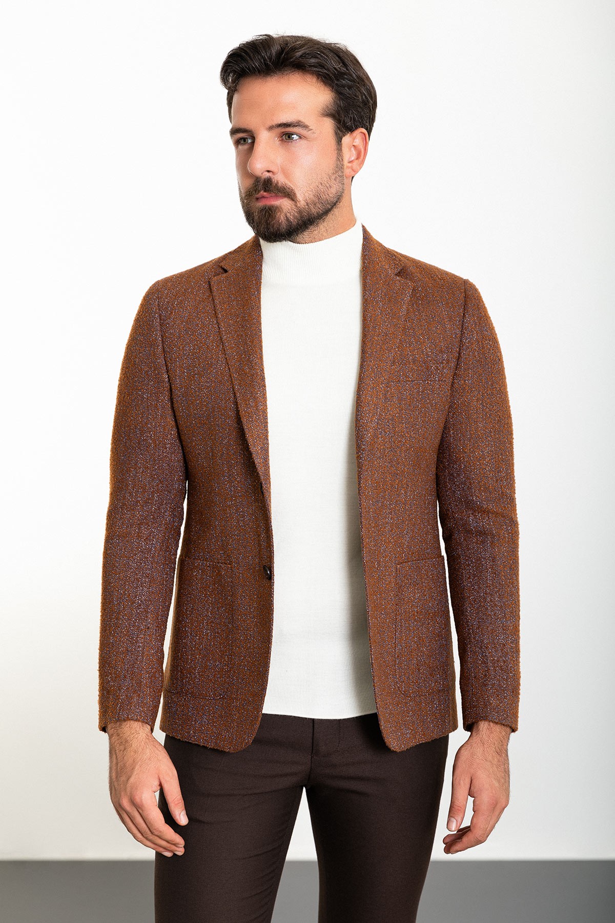 Dokulu Slim Fit Torba Cep Mono Yaka Yün Erkek Ceket