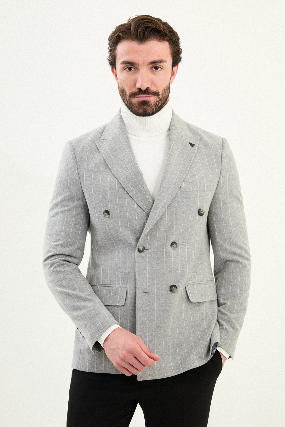 Çizgili Slim Fit Geniş Yaka Kruvaze Yün Erkek Ceket - Gri