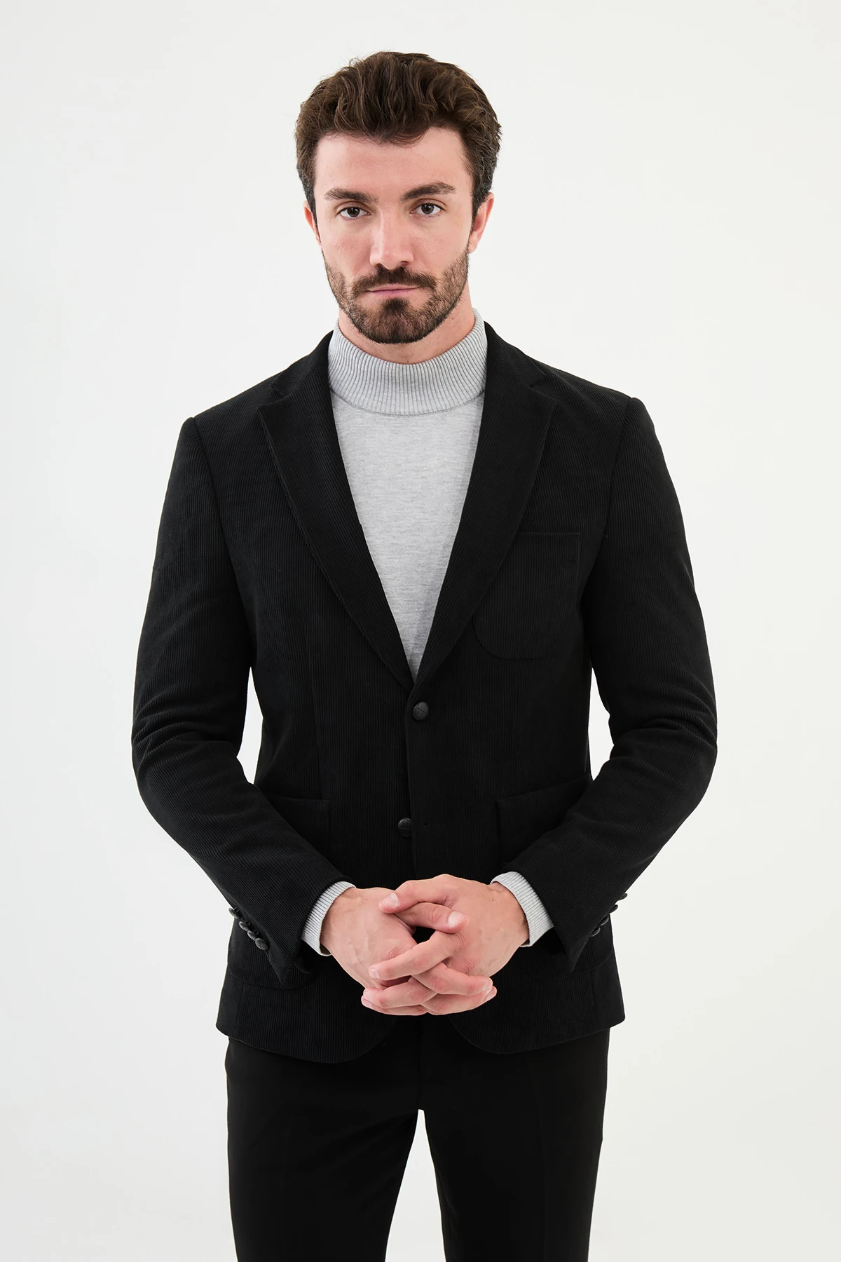 Çizgili Slim Fit Torba Cep Mono Yaka Kadife Erkek Ceket - Siyah