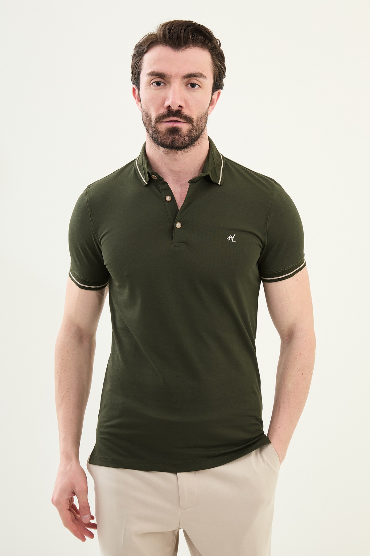 Düz Slim Fit Polo Yaka Pamuk Erkek T-Shirt - Haki