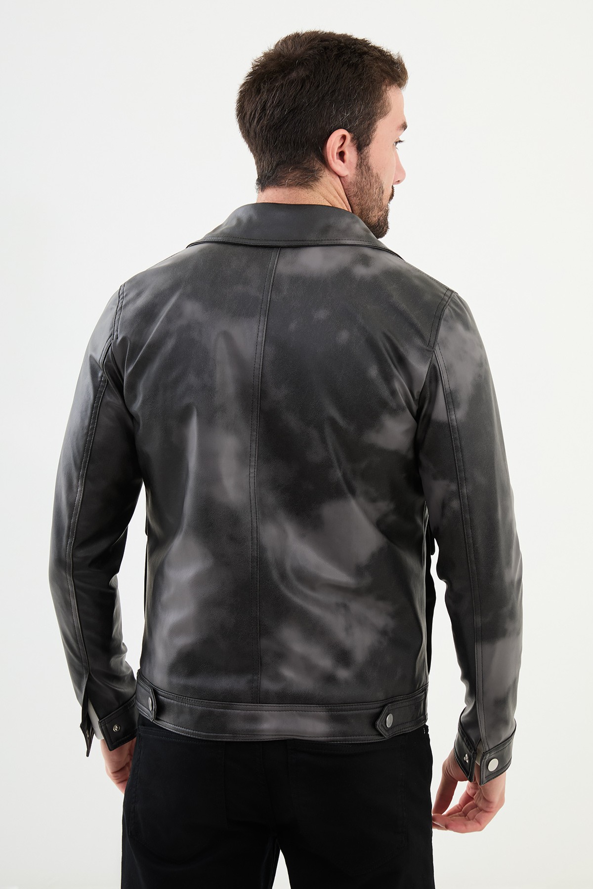 Desenli Slim Fit Torba Cep Gömlek Yaka Suni Deri Erkek Mont