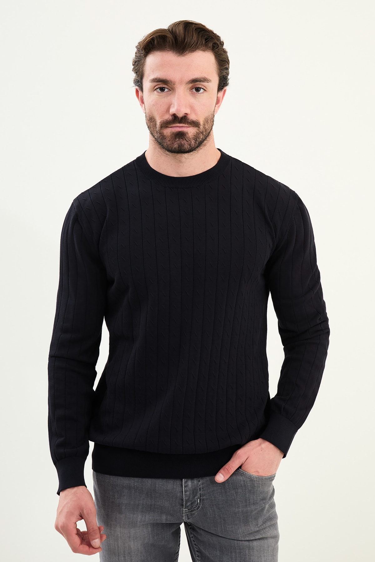 Desenli Slim Fit Bisiklet Yaka Erkek Triko Kazak - Lacivert