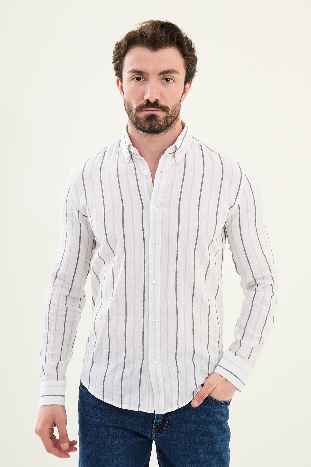 Çizgili Slim Fit Keten Erkek Gömlek - Beyaz-Mavi