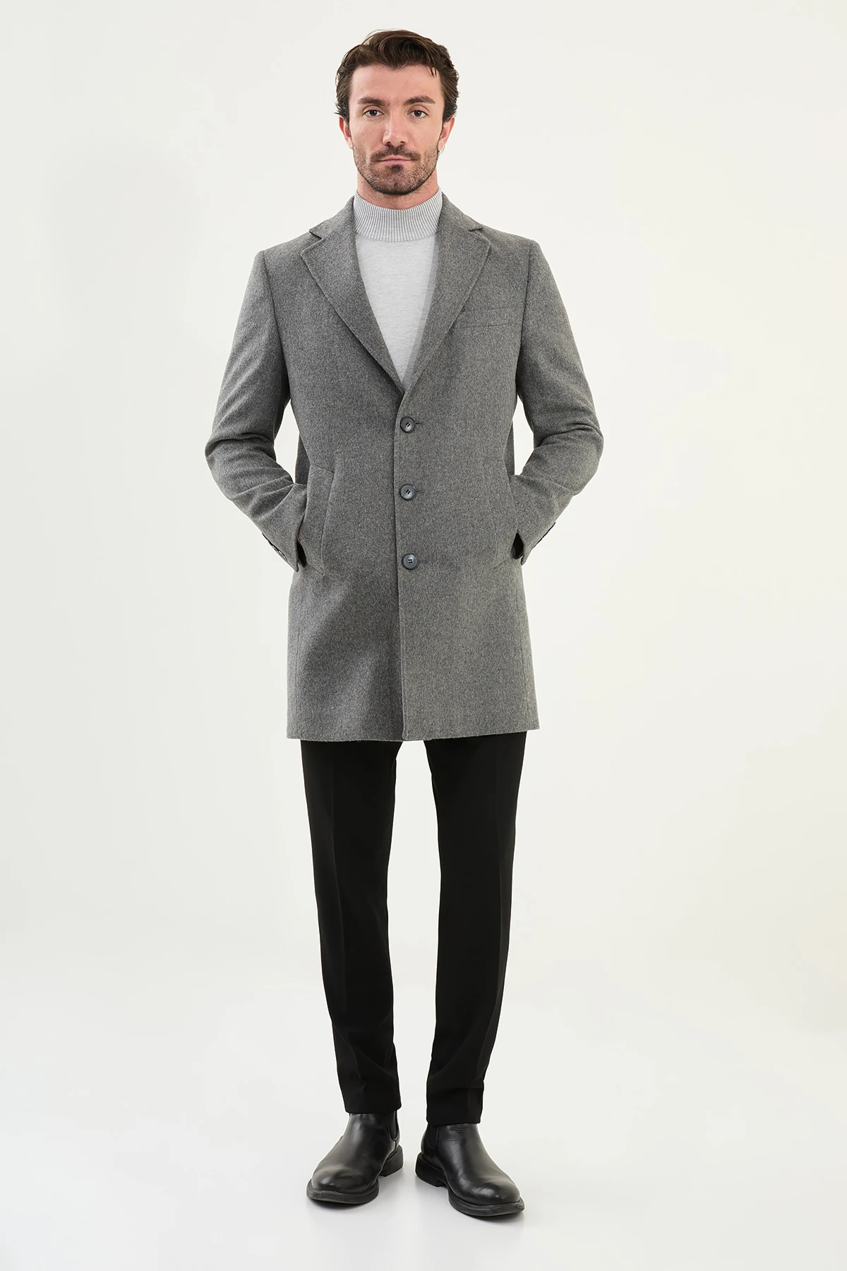 Düz Slim Fit Mono Yaka Klasik Yün Erkek Kaban