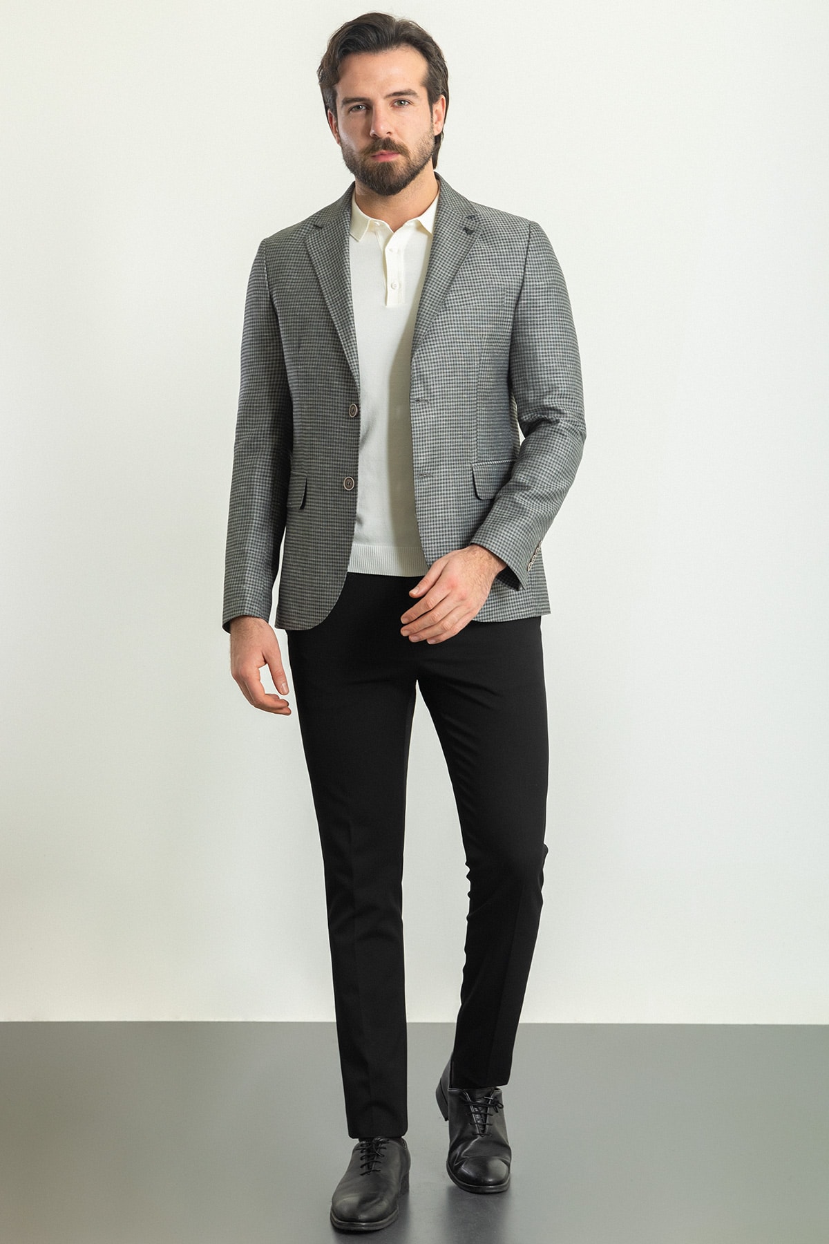 Kareli Slim Fit Mono Yaka Keten Erkek Ceket - Siyah