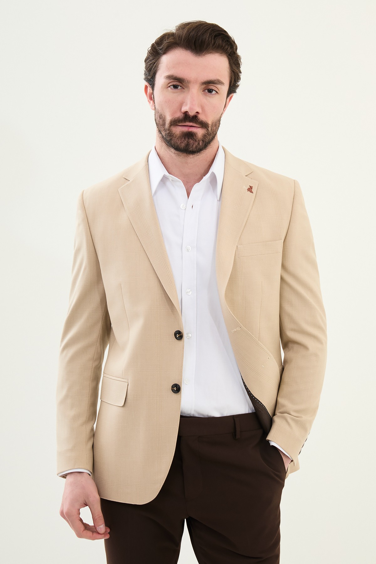 Ekoseli Slim Fit Mono Yaka Erkek Ceket - Bej