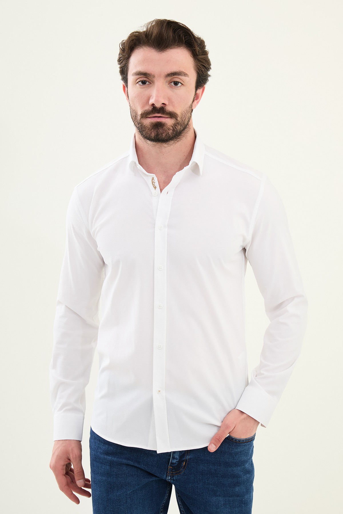 Gofreli Slim Fit Pamuk Erkek Gömlek - Beyaz