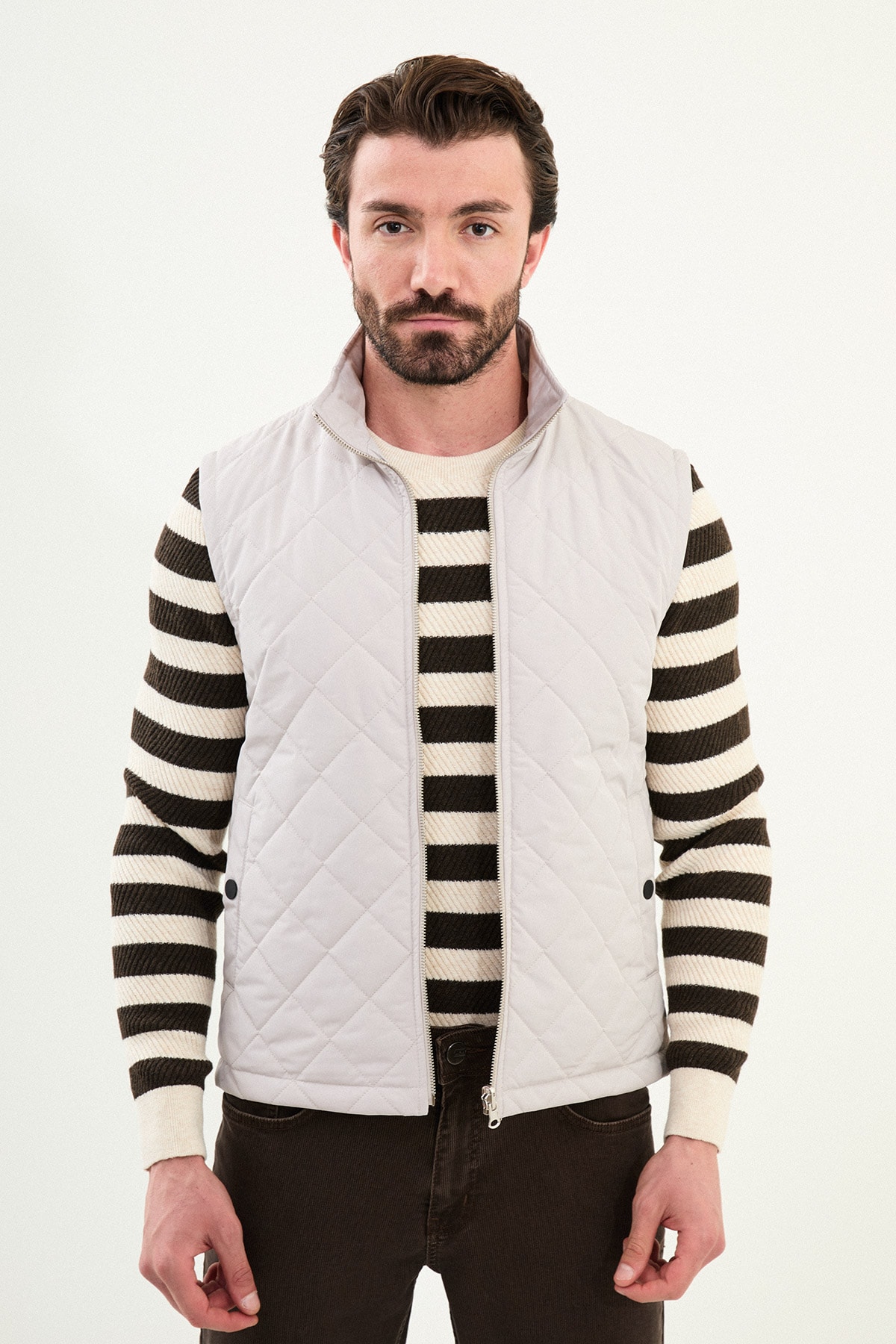 Çift Taraflı Slim Fit Hakim Yaka Erkek Yelek - Taş
