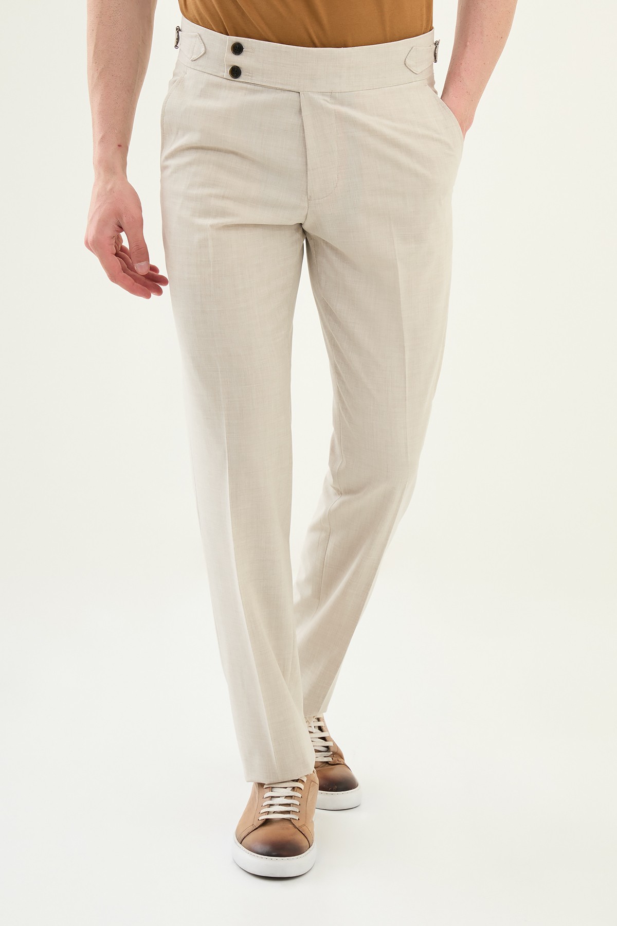 Düz Slim Fit Beli Tokalı Erkek Pantolon - Taş