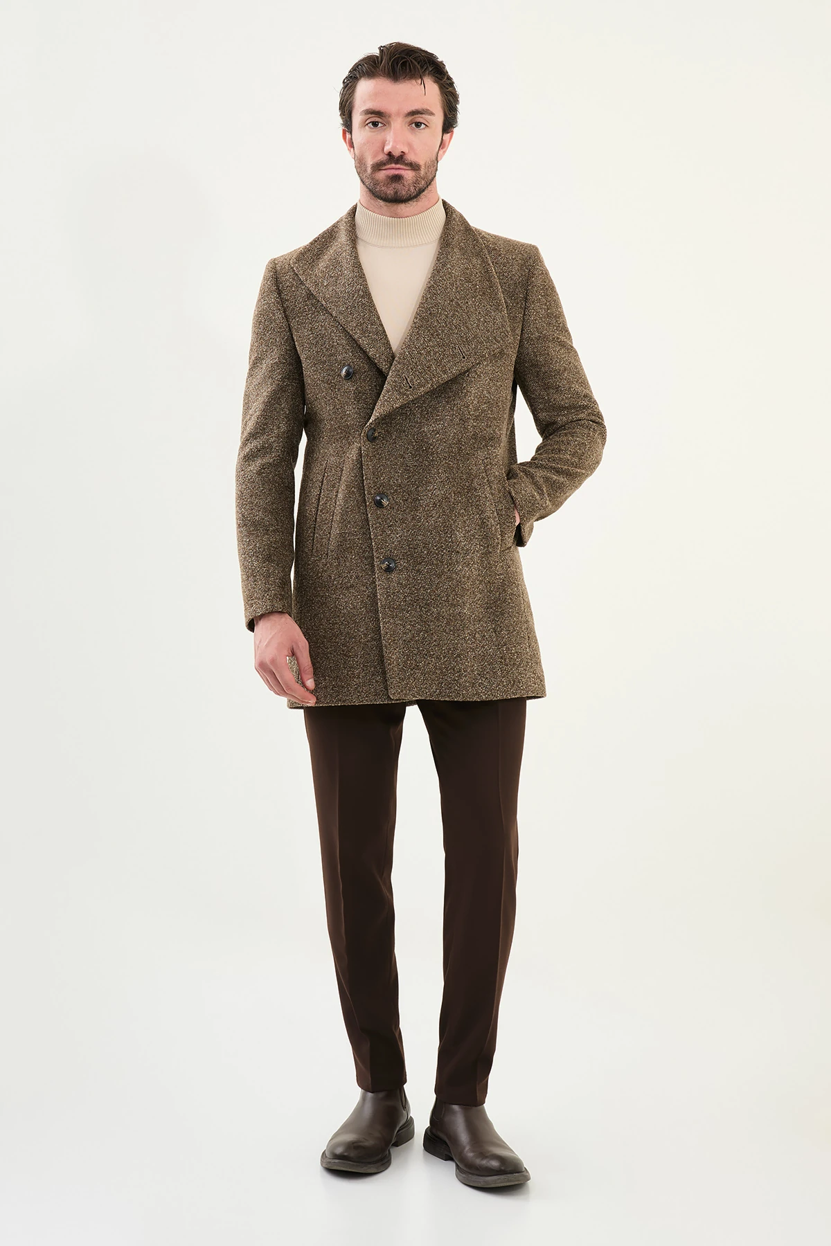 Kırçıllı Slim Fit Şal Yaka Çapraz Düğmeli Yün Erkek Kaban