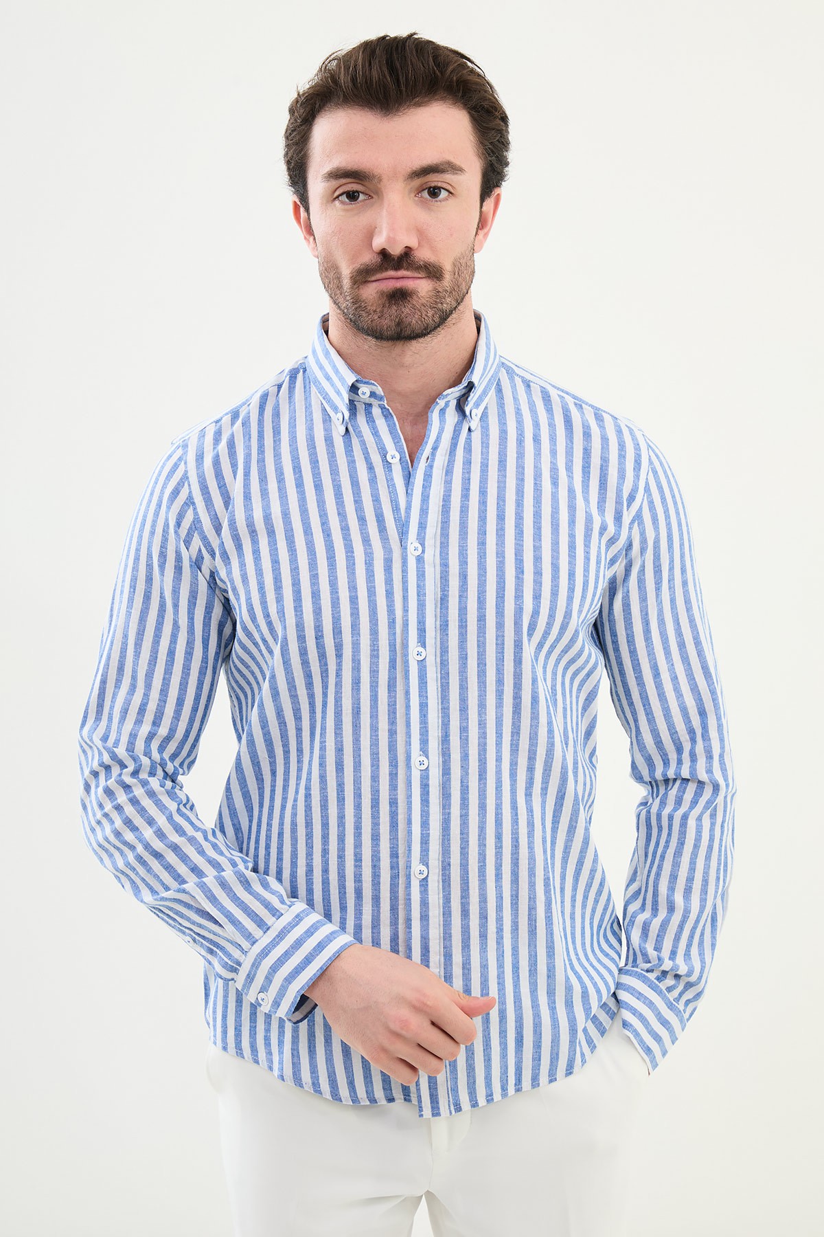 Çizgili Slim Fit Uzun Kollu Keten Erkek Gömlek