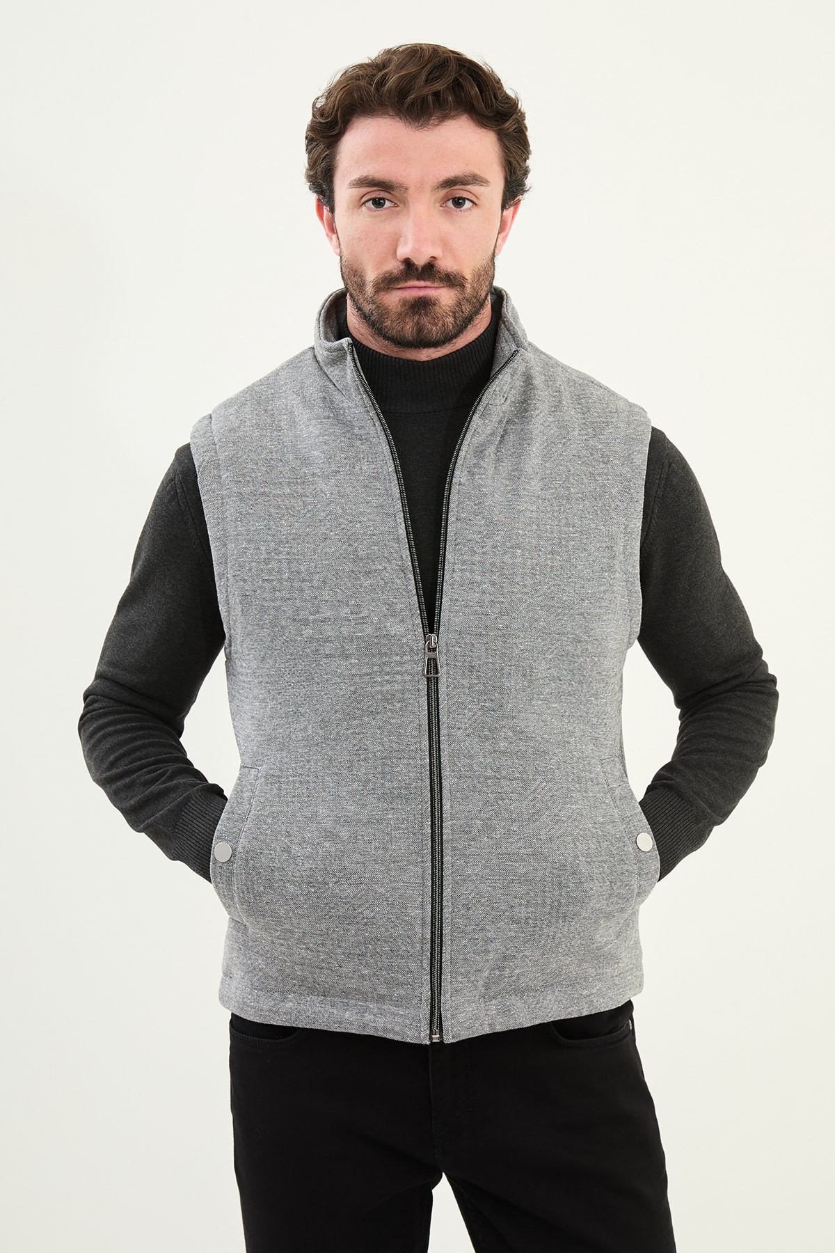 Kırçıllı Slim Fit Dik Yaka Erkek Yelek