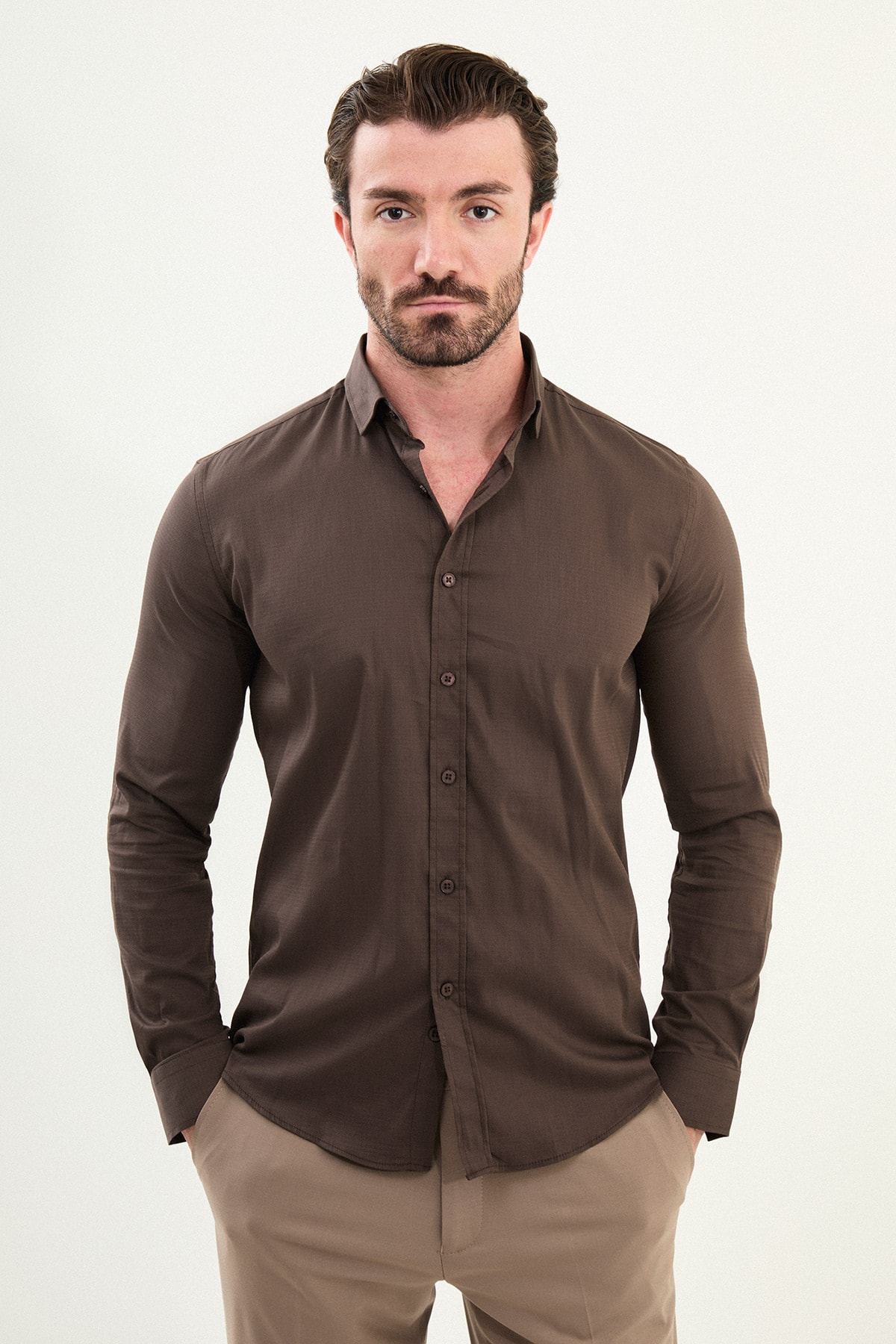 Desenli Slim Fit Uzun Kollu Erkek Gömlek - Kahverengi