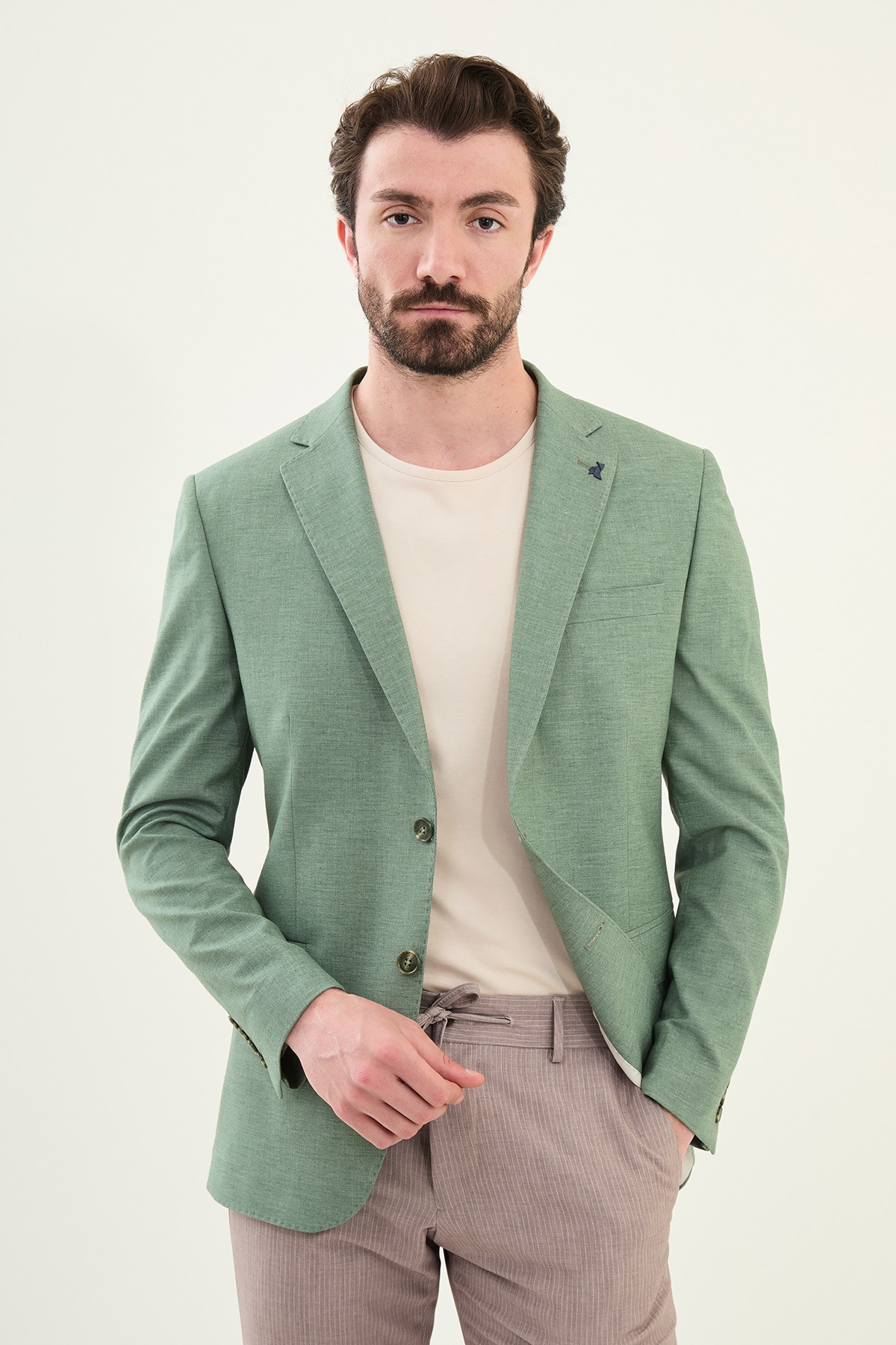 Düz Slim Fit Mono Yaka Keten Erkek Ceket - Haki