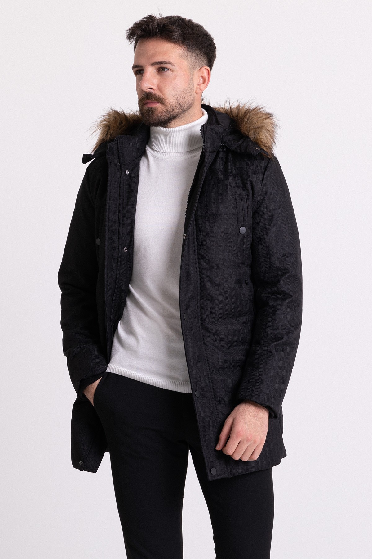 Desenli Slim Fit Kürklü Kapüşonlu Erkek Kaban