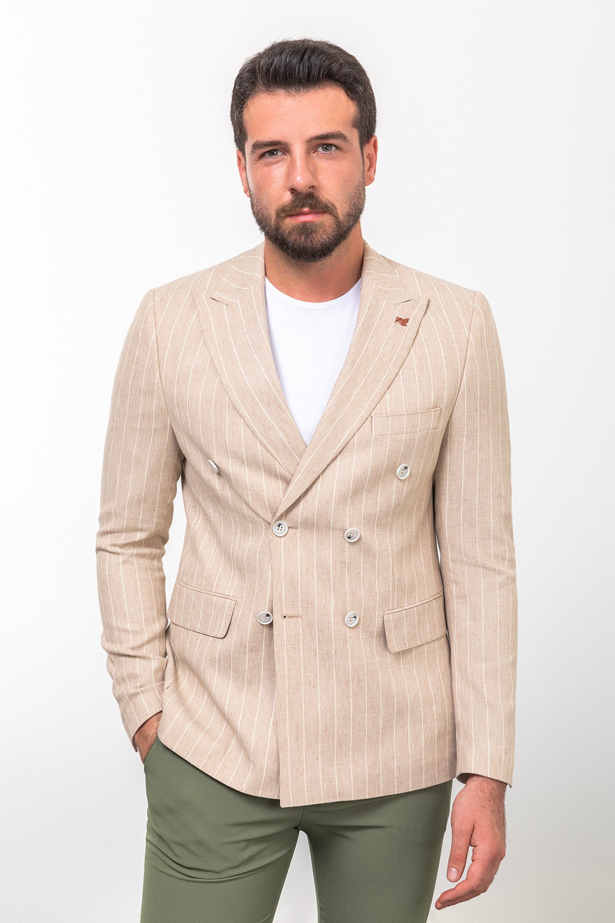 Çizgili Slim Fit Geniş Yaka Kruvaze Keten Erkek Ceket