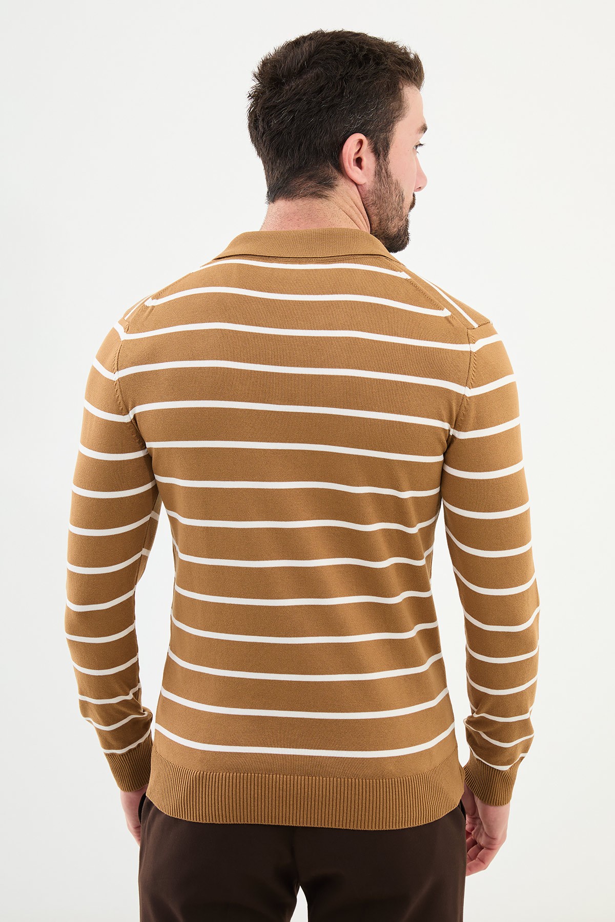 Yatay Çizgili Slim Fit Polo Yaka Erkek Triko Kazak