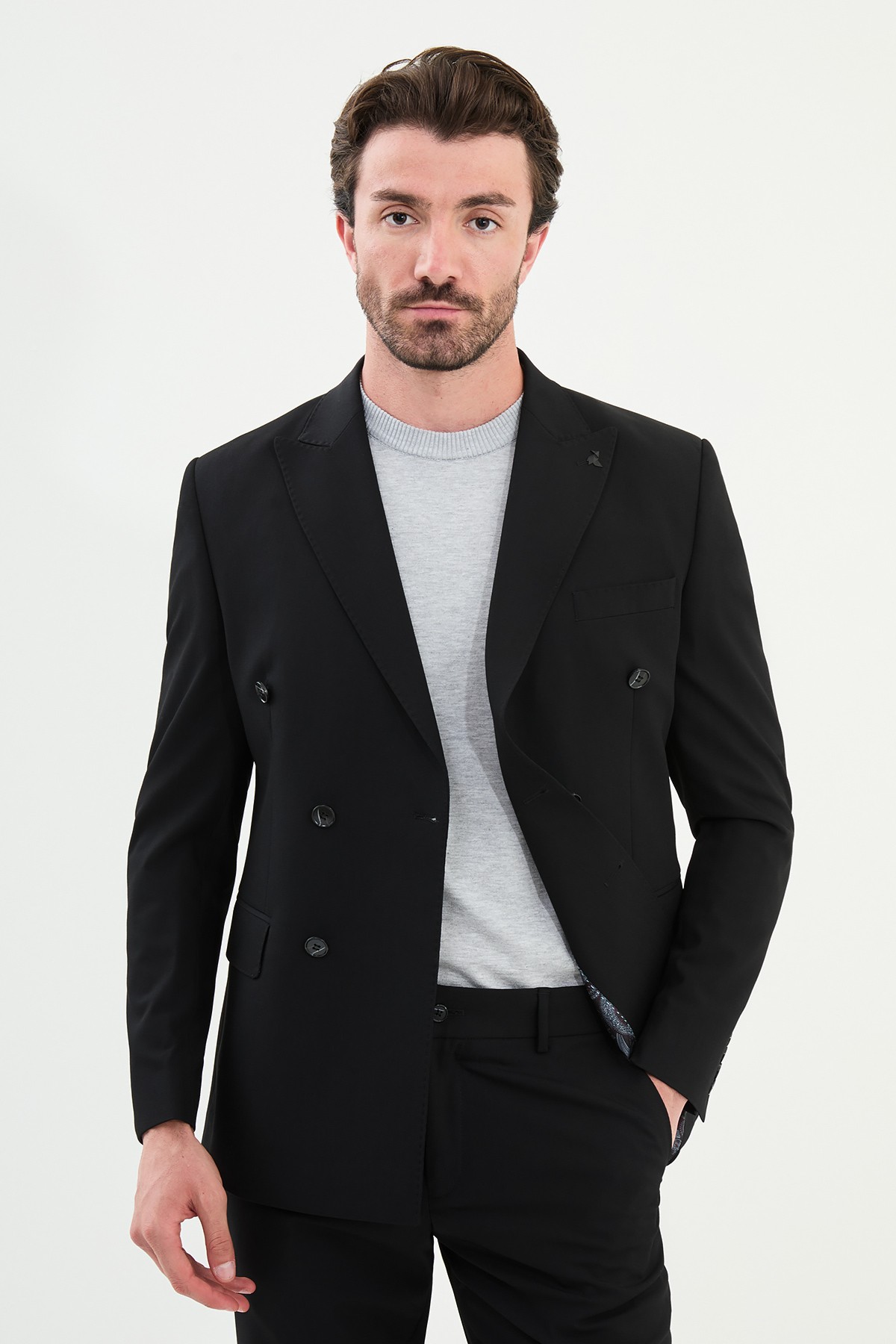 Düz Slim Fit Geniş Yaka Kruvaze Erkek Takım Elbise