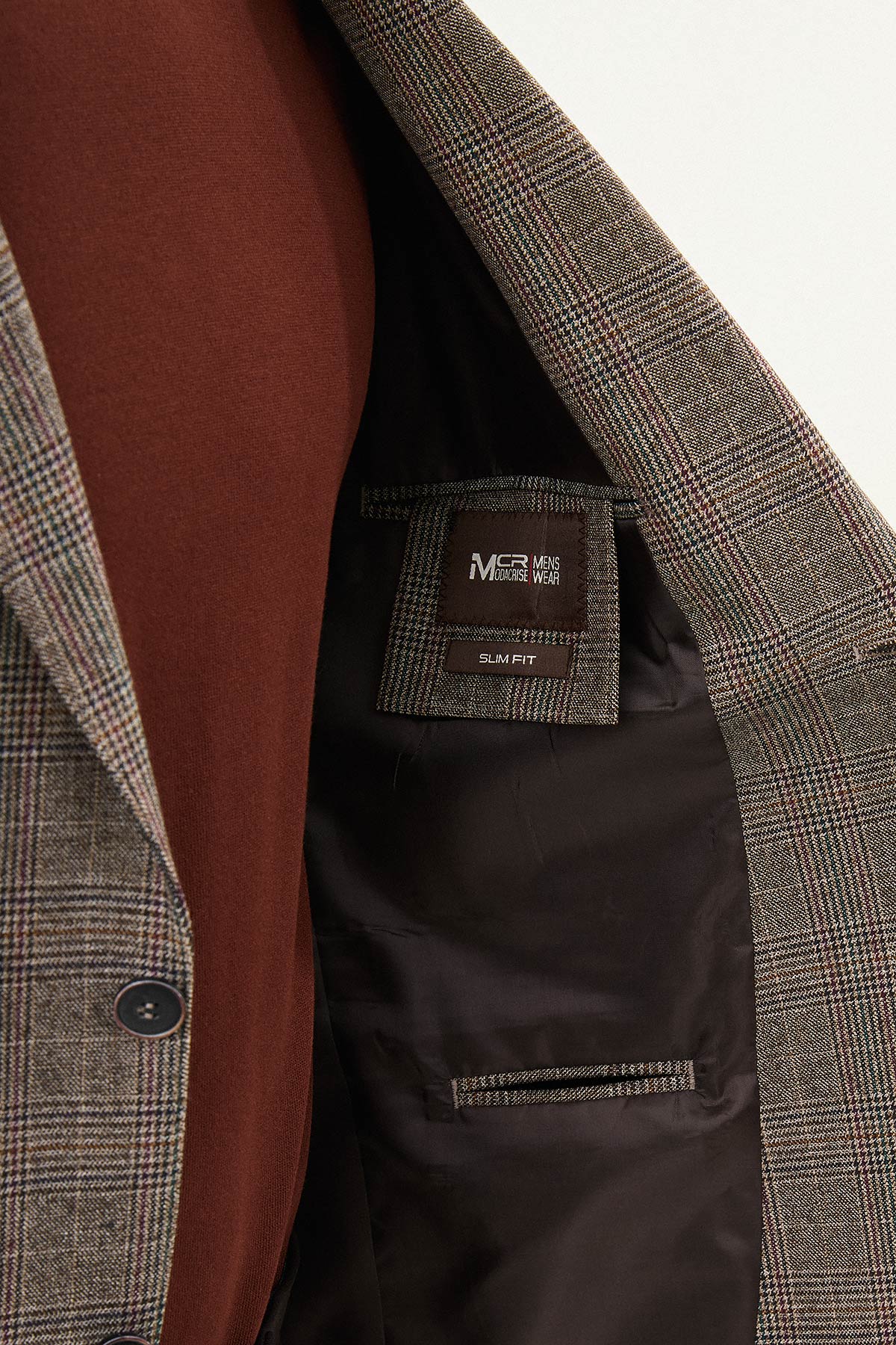 Ekoseli Slim Fit Mono Yaka Erkek Ceket