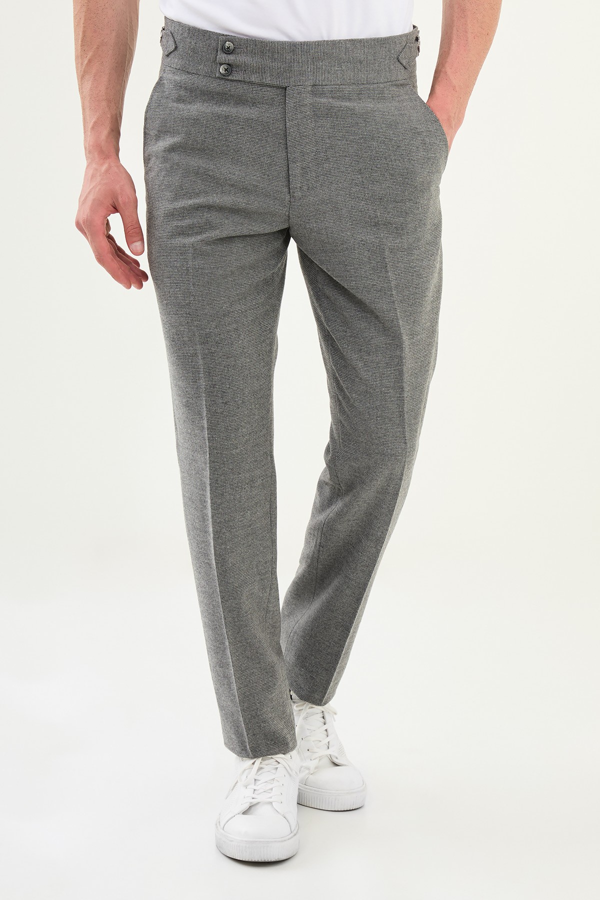 Kareli Slim Fit Beli Tokalı Yün Erkek Pantolon - Antrasit