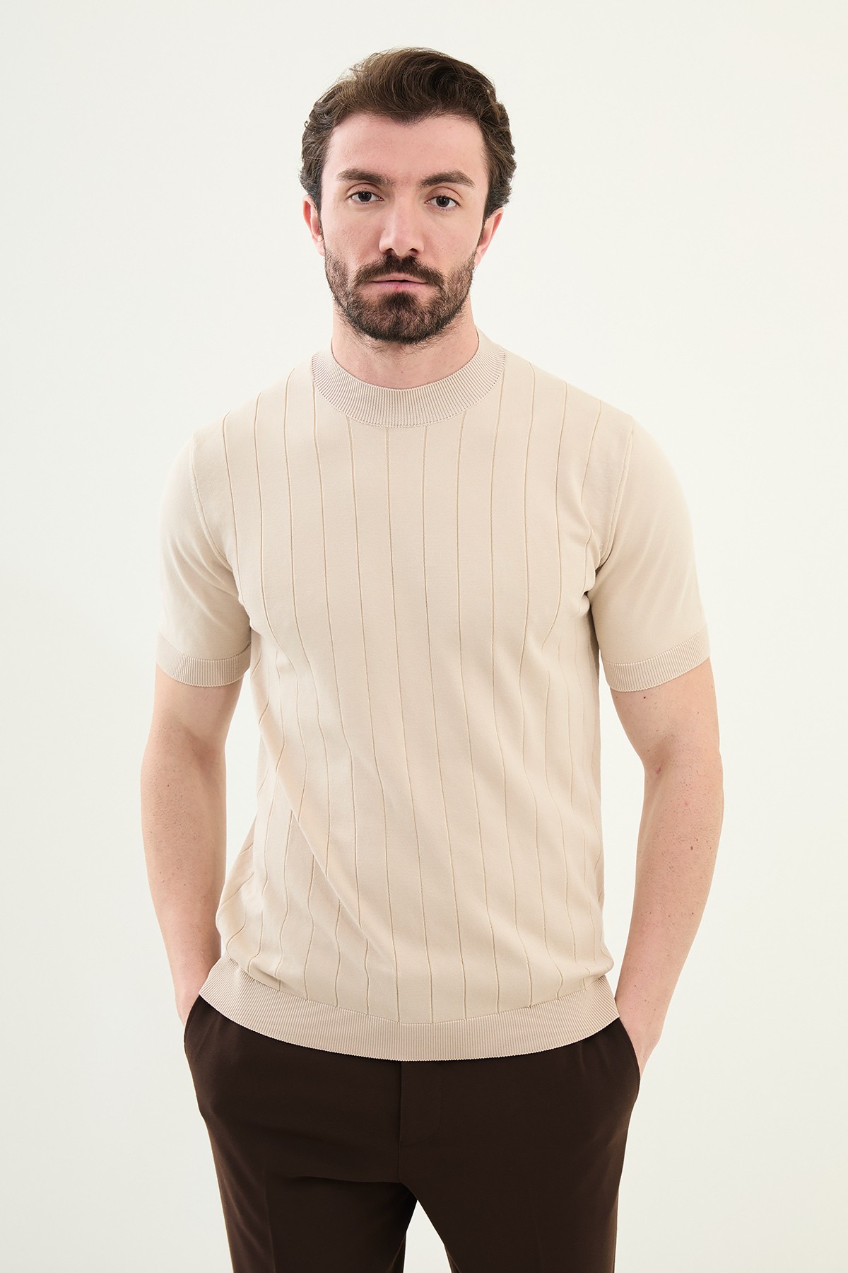 Çizgili Slim Fit Yarım Balıkçı Yaka Erkek Triko T-Shirt - Bej