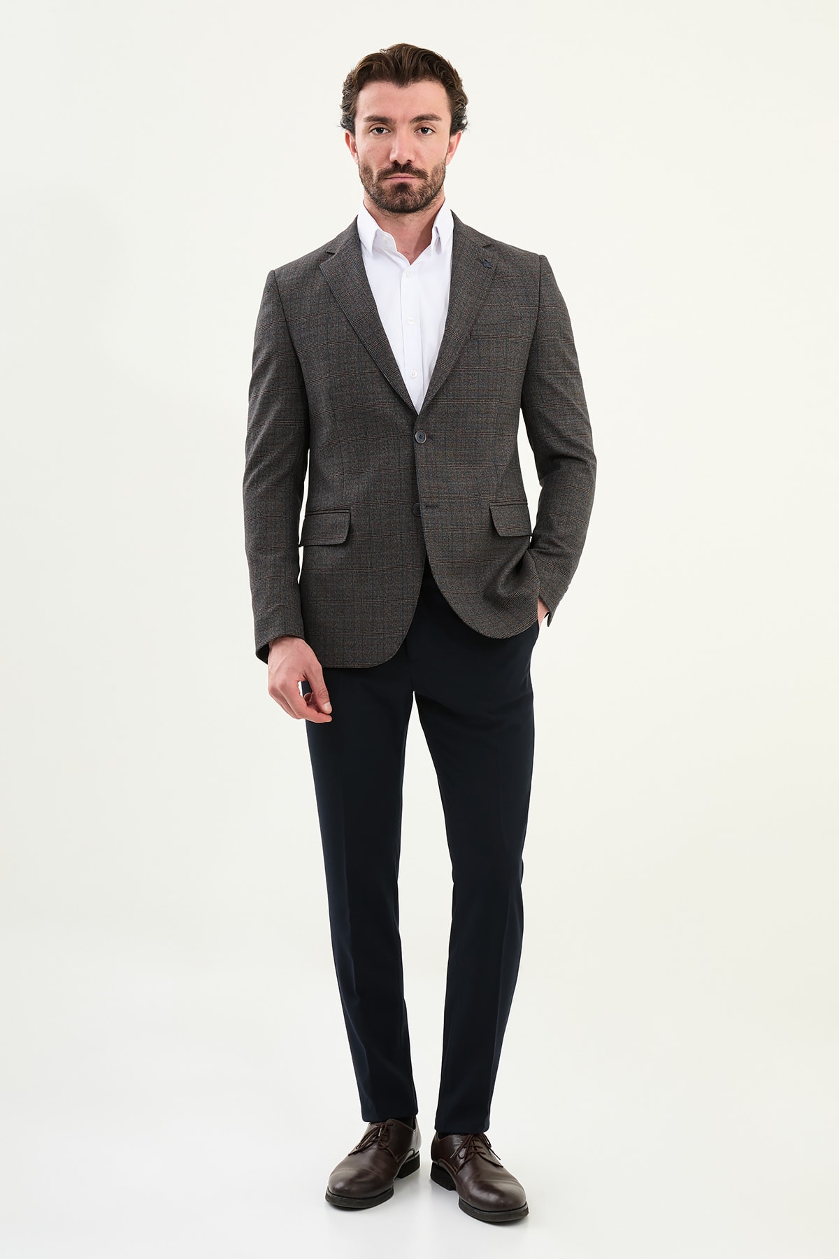 Ekoseli Slim Fit Mono Yaka Erkek Ceket