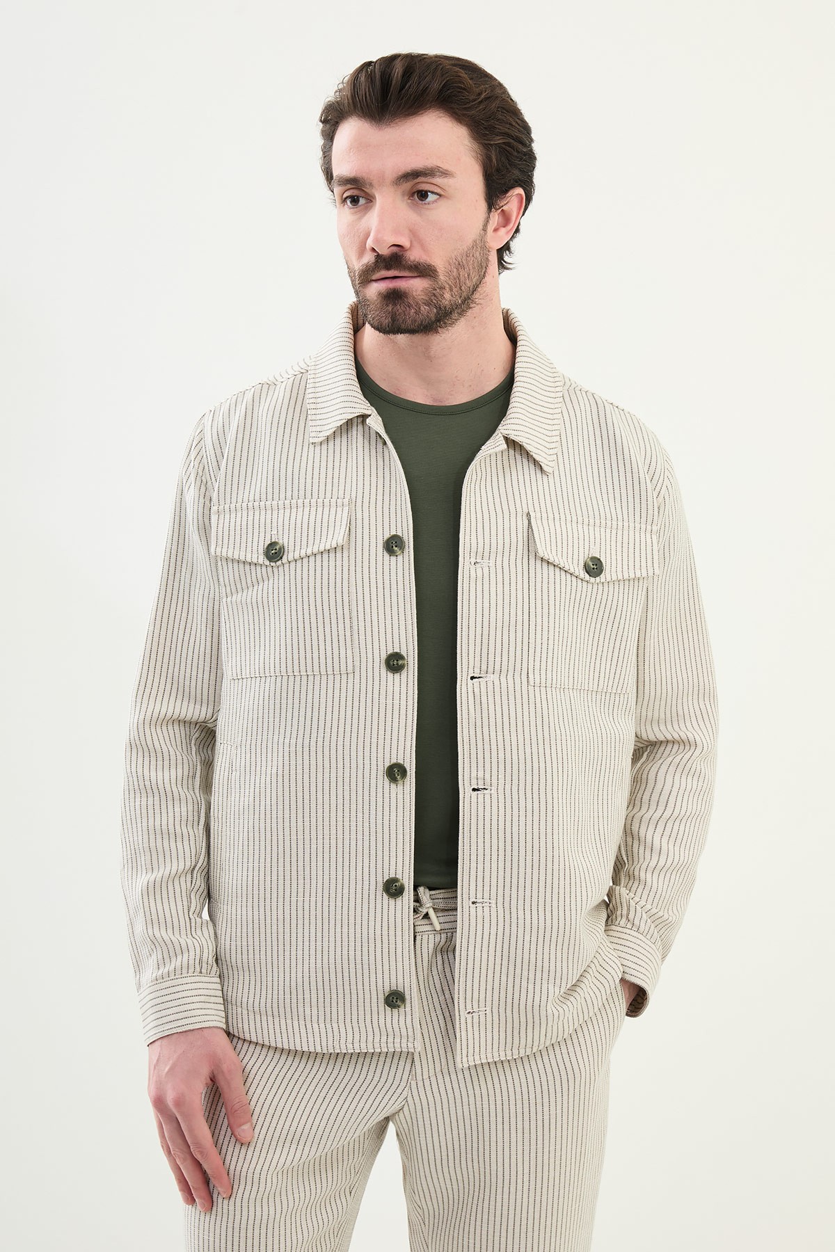 Çizgili Slim Fit Gömlek Yaka Erkek Keten Mont Pantolon Takım - Haki