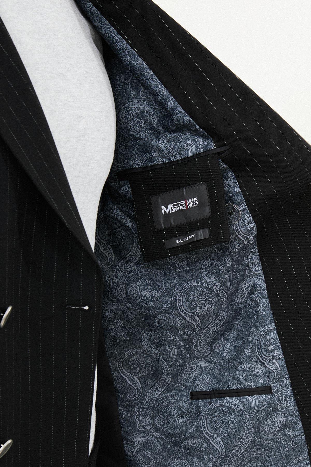 Çizgili Slim Fit Geniş Yaka Kruvaze Metal Düğmeli Erkek Takım Elbise