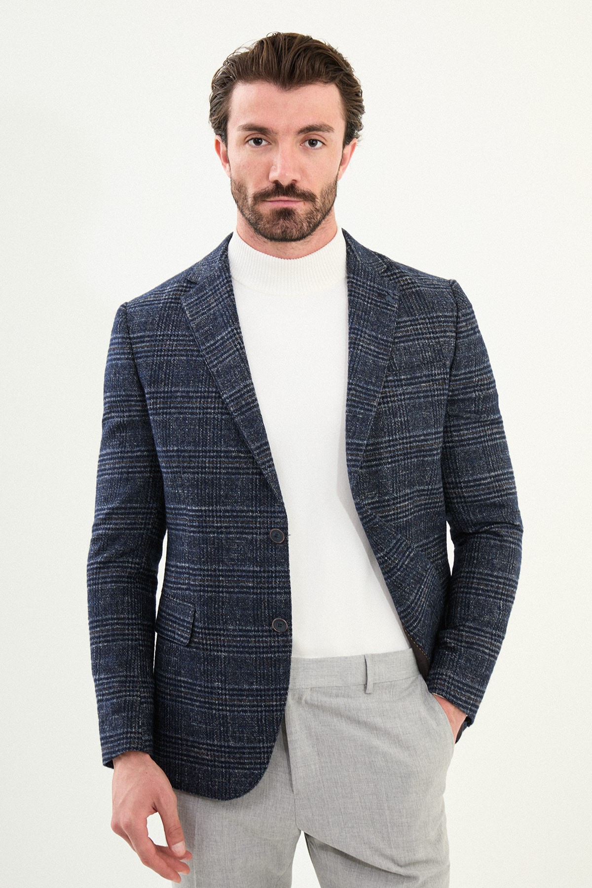 Ekoseli Slim Fit Mono Yaka Yün Erkek Ceket - Koyu Lacivert