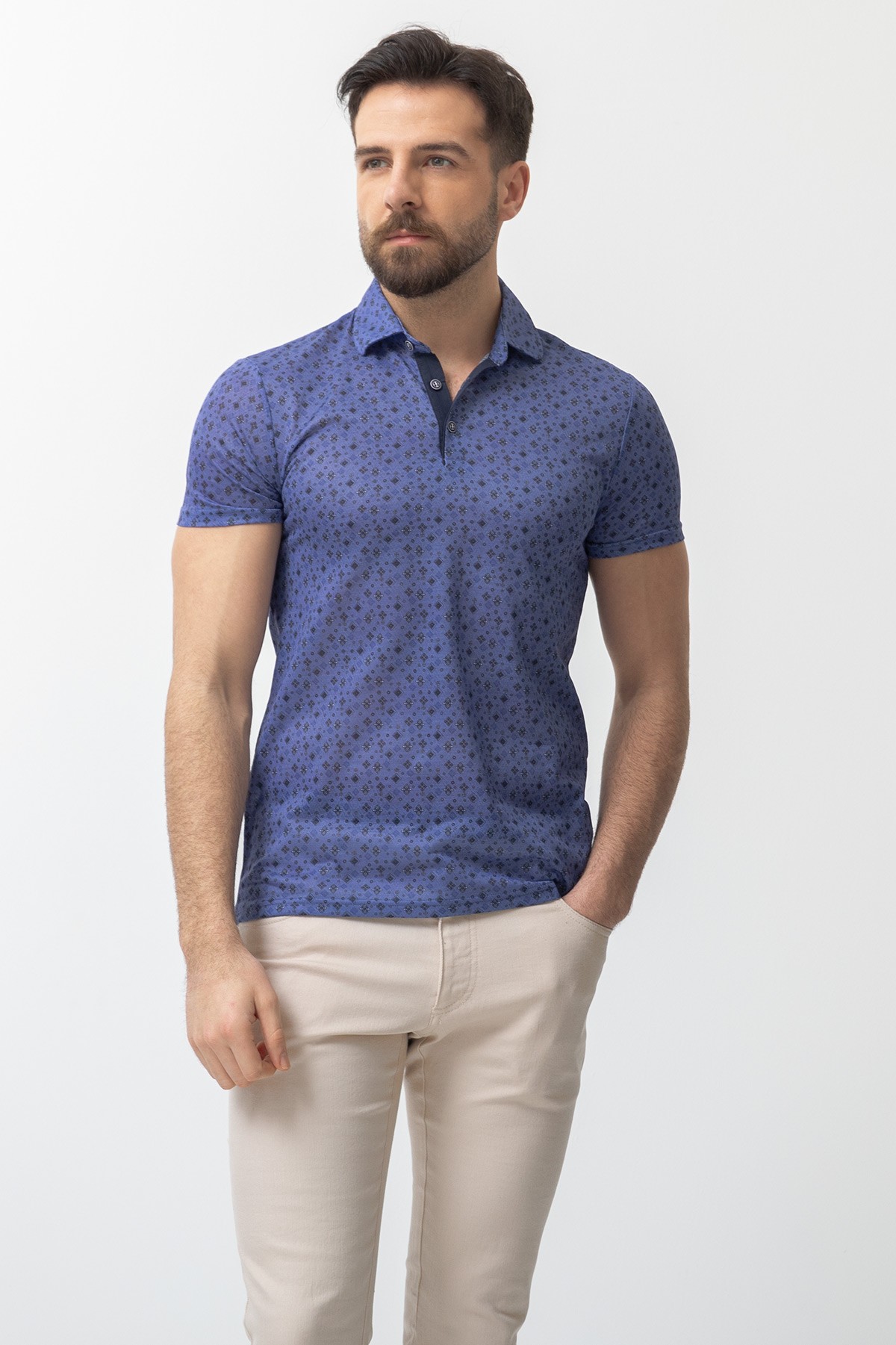 Desenli Slim Fit Polo Yaka Erkek T-Shirt - Lacivert