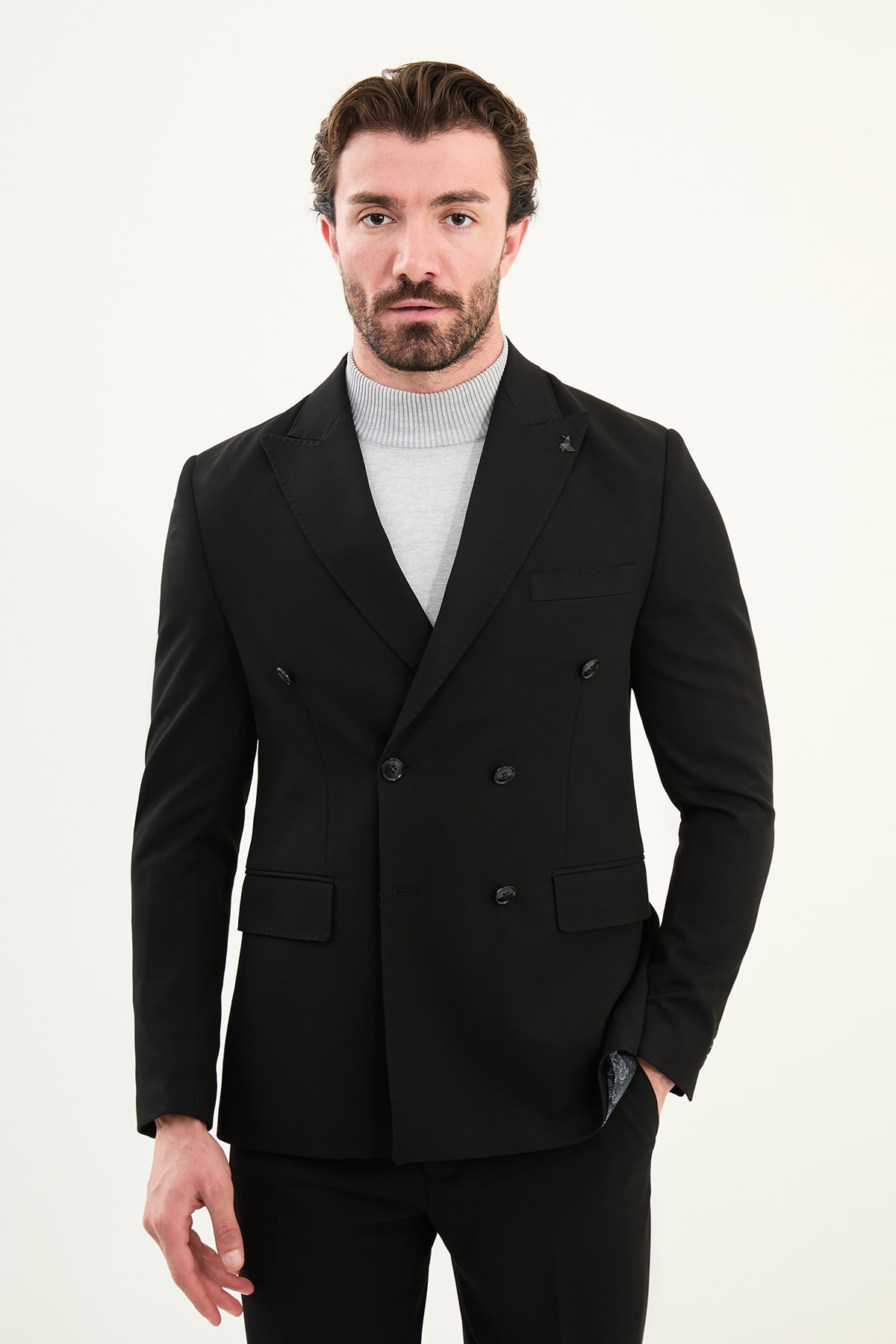Düz Slim Fit Geniş Yaka Punto Dikiş Kruvaze Erkek Takım Elbise - Siyah