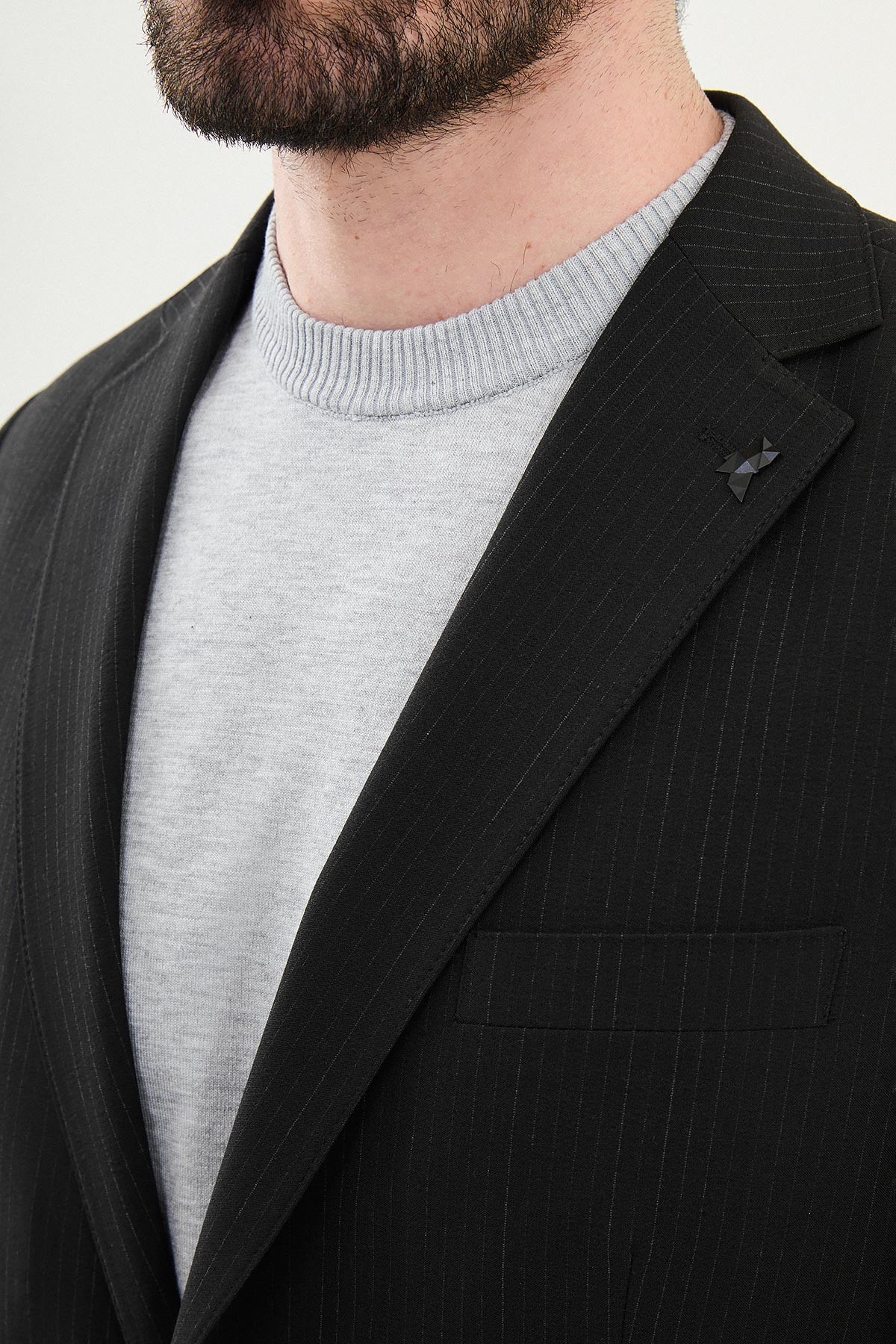 Çizgili Slim Fit Torba Cep İpli Gofreli Erkek Takım Elbise