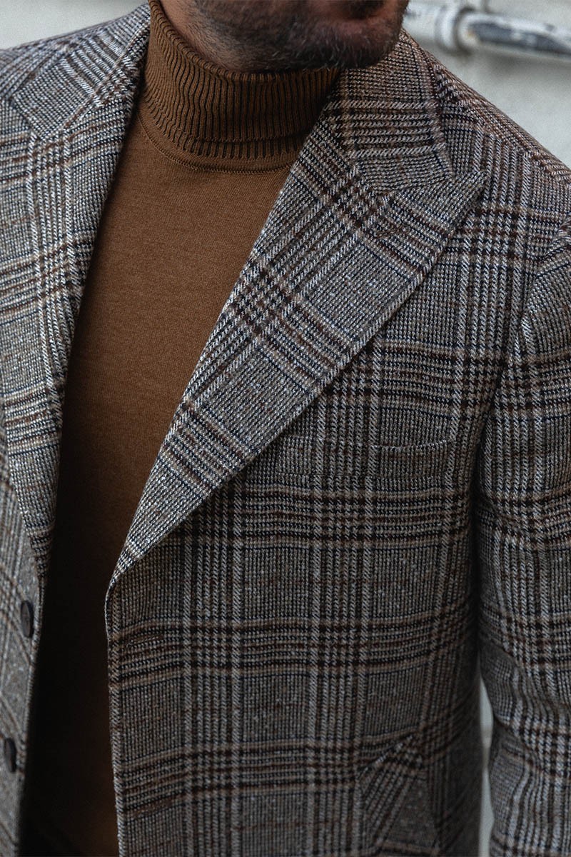 Ekoseli Slim Fit Kırlangıç Yaka Yün Erkek Kaban
