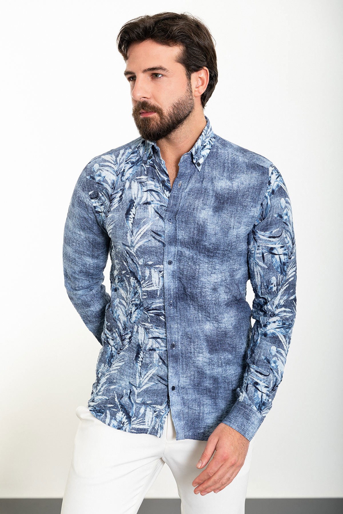 Yaprak Desenli Slim Fit Uzun Kollu Gofre Erkek Gömlek
