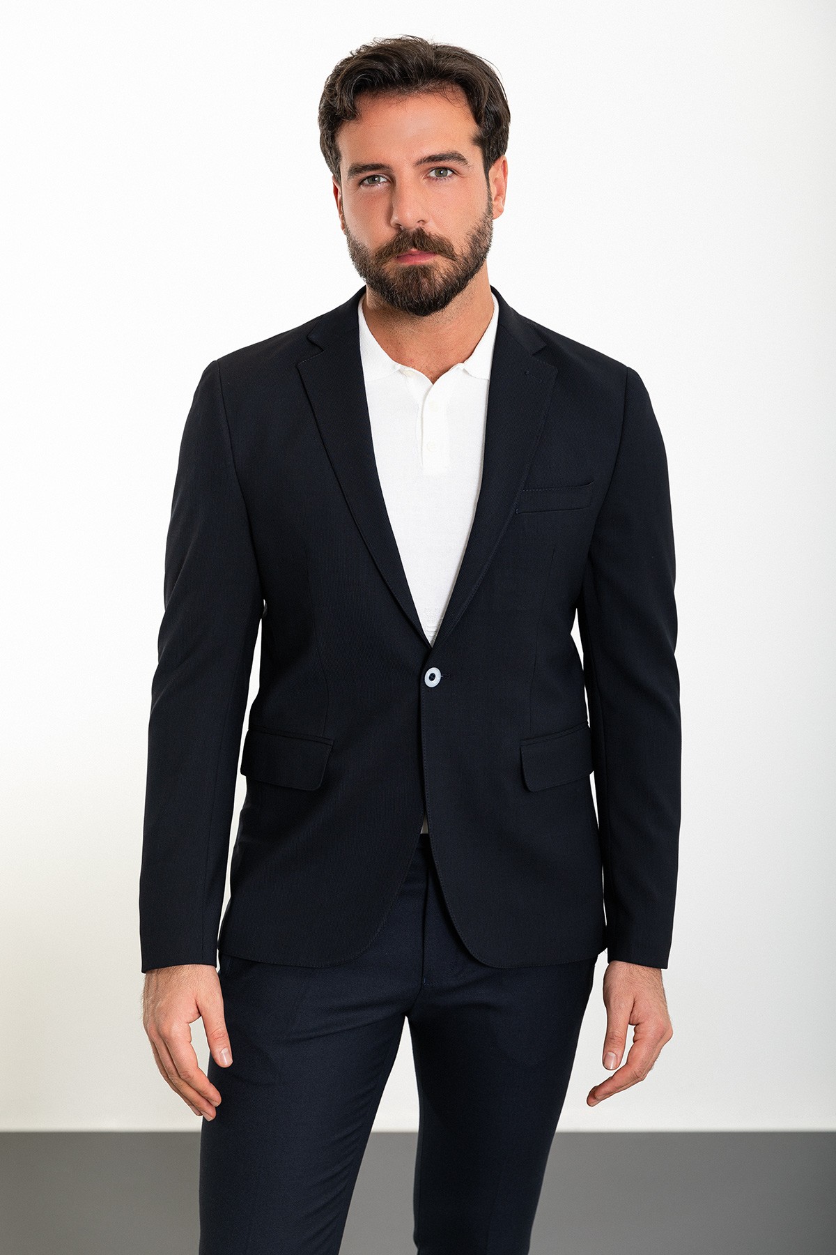 Çizgili Slim Fit Mono Yaka Erkek Ceket - Lacivert