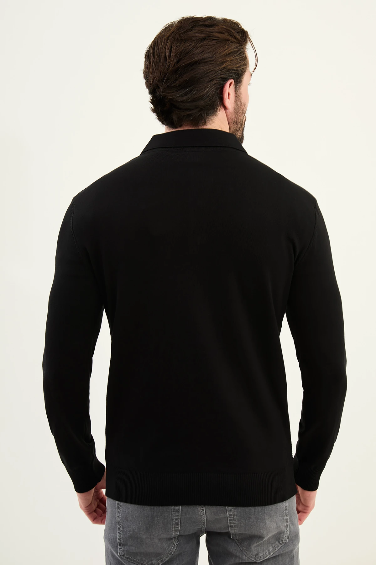 Örgü Desenli Slim Fit Polo Yaka Yün Erkek Triko Kazak