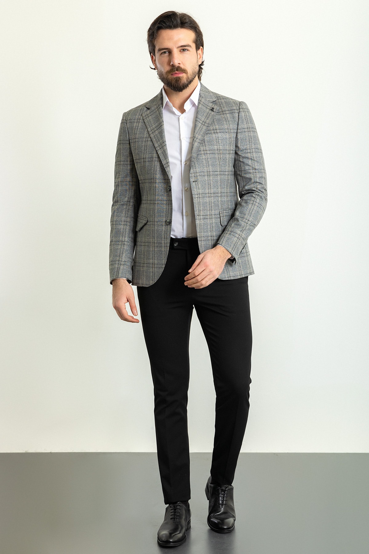 Ekoseli Slim Fit Mono Yaka Keten Erkek Ceket - Gri