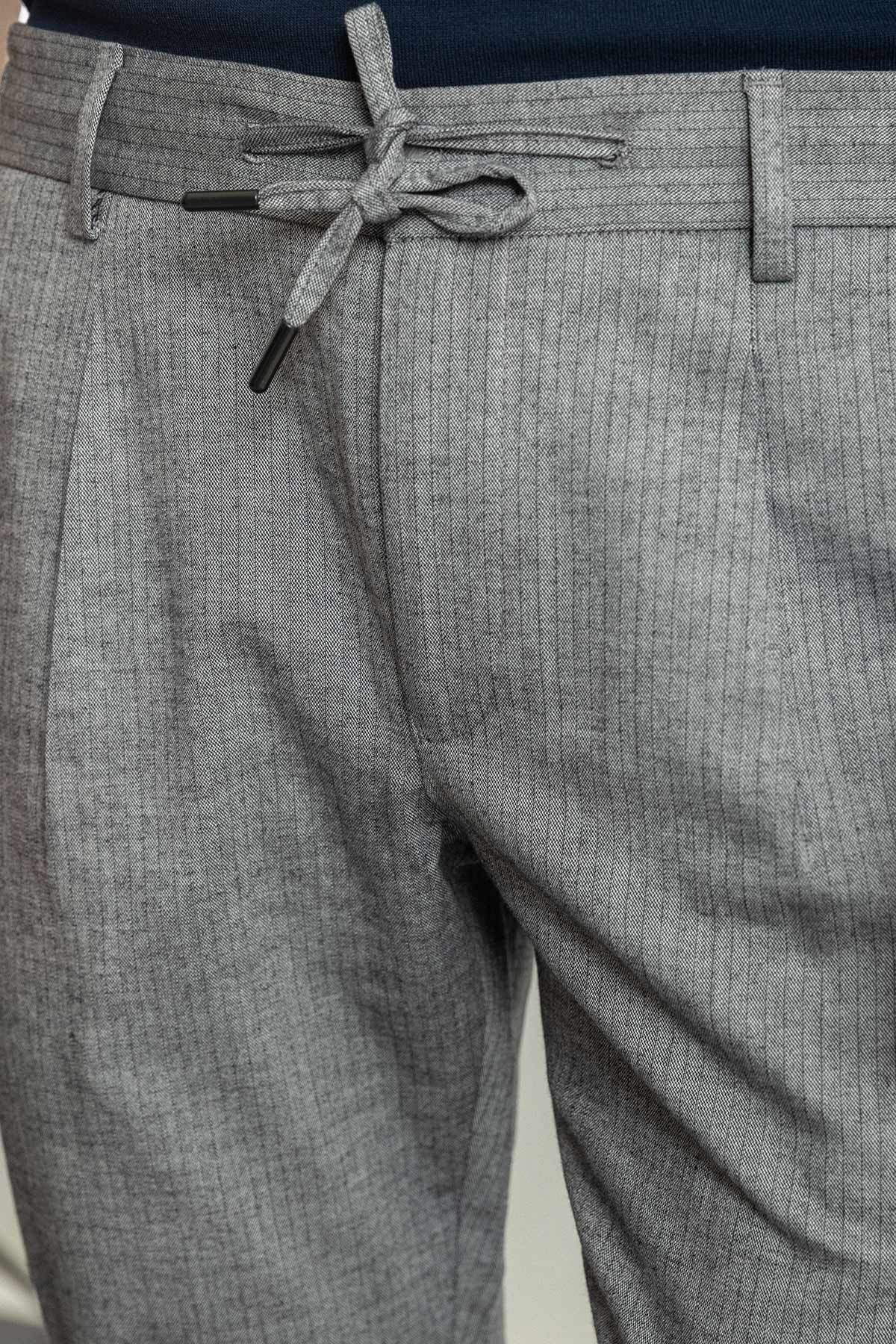 Çizgili Super Slim Fit Pilili İpli Keten Erkek Pantolon