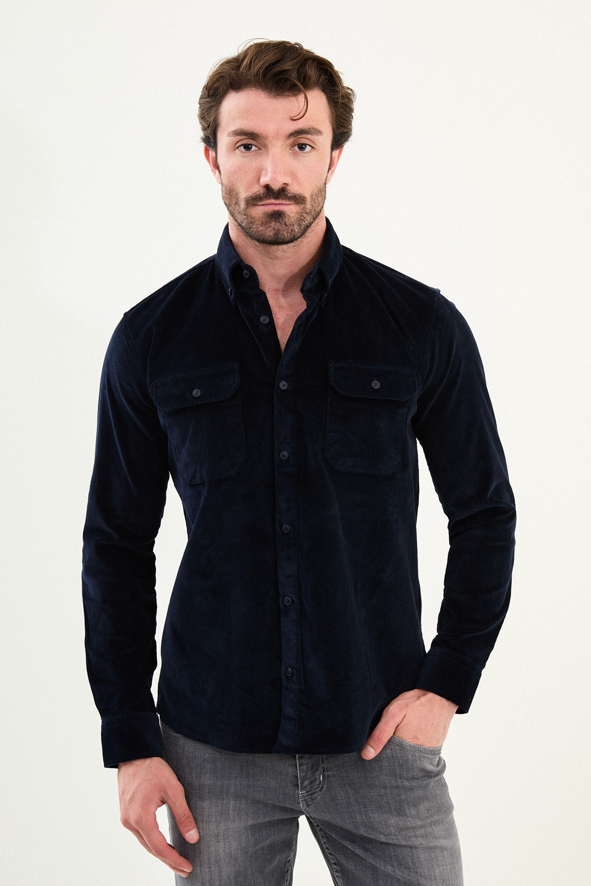 Düz Slim Fit Uzun Kollu Kadife Erkek Gömlek - Lacivert