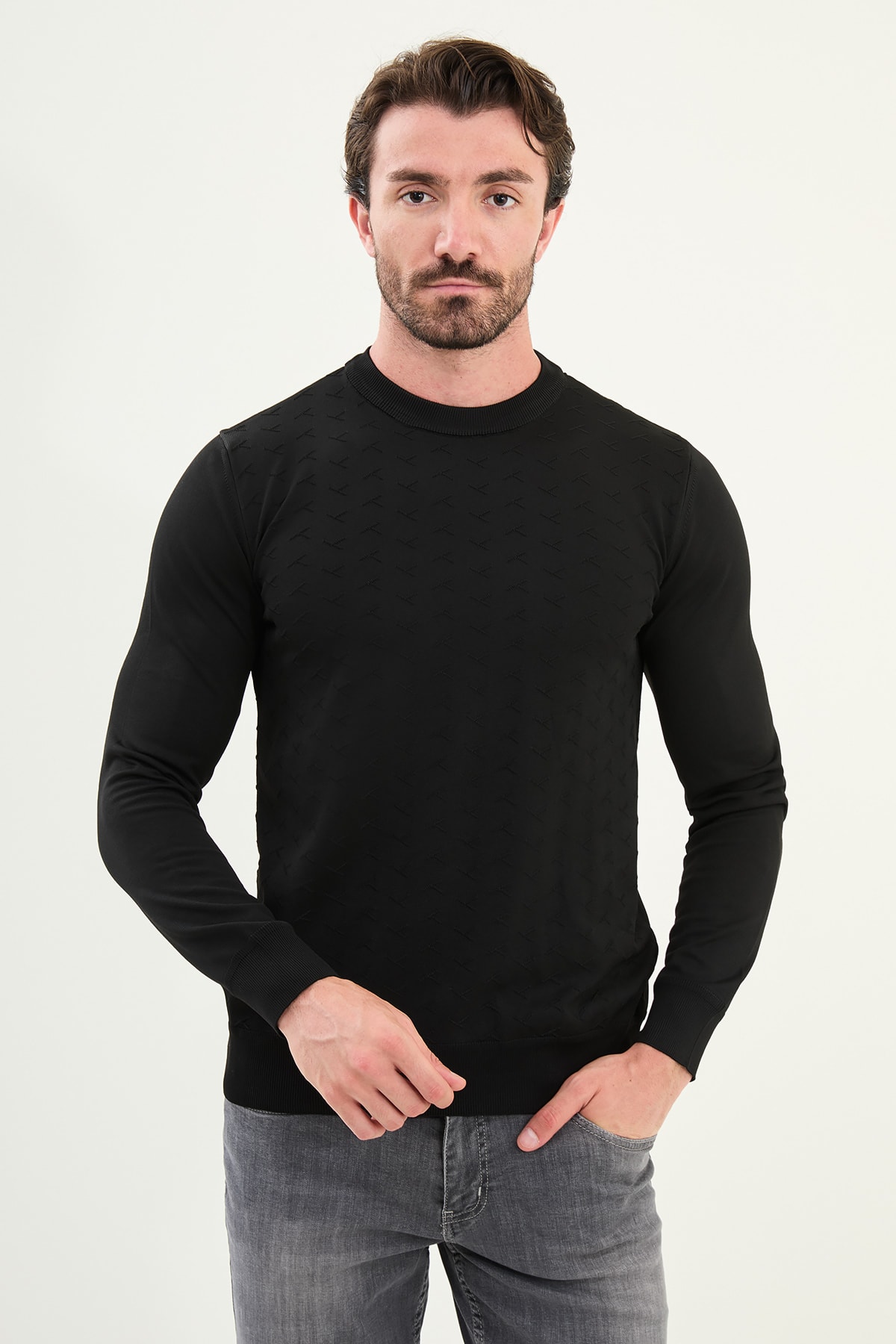 Desenli Slim Fit Bisiklet Yaka Erkek Triko Kazak - Siyah