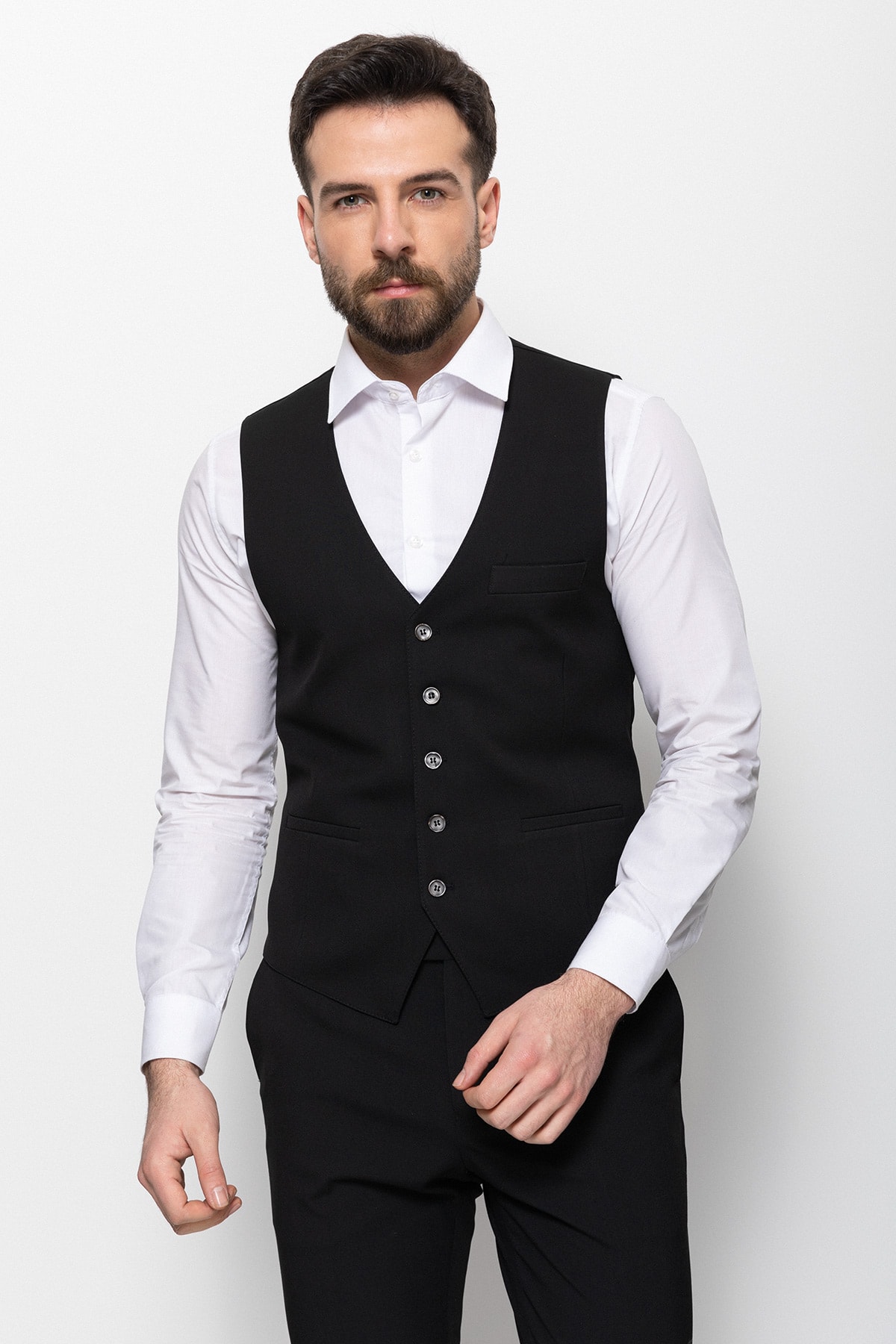 Düz Slim Fit Klasik Erkek Yelek - Siyah