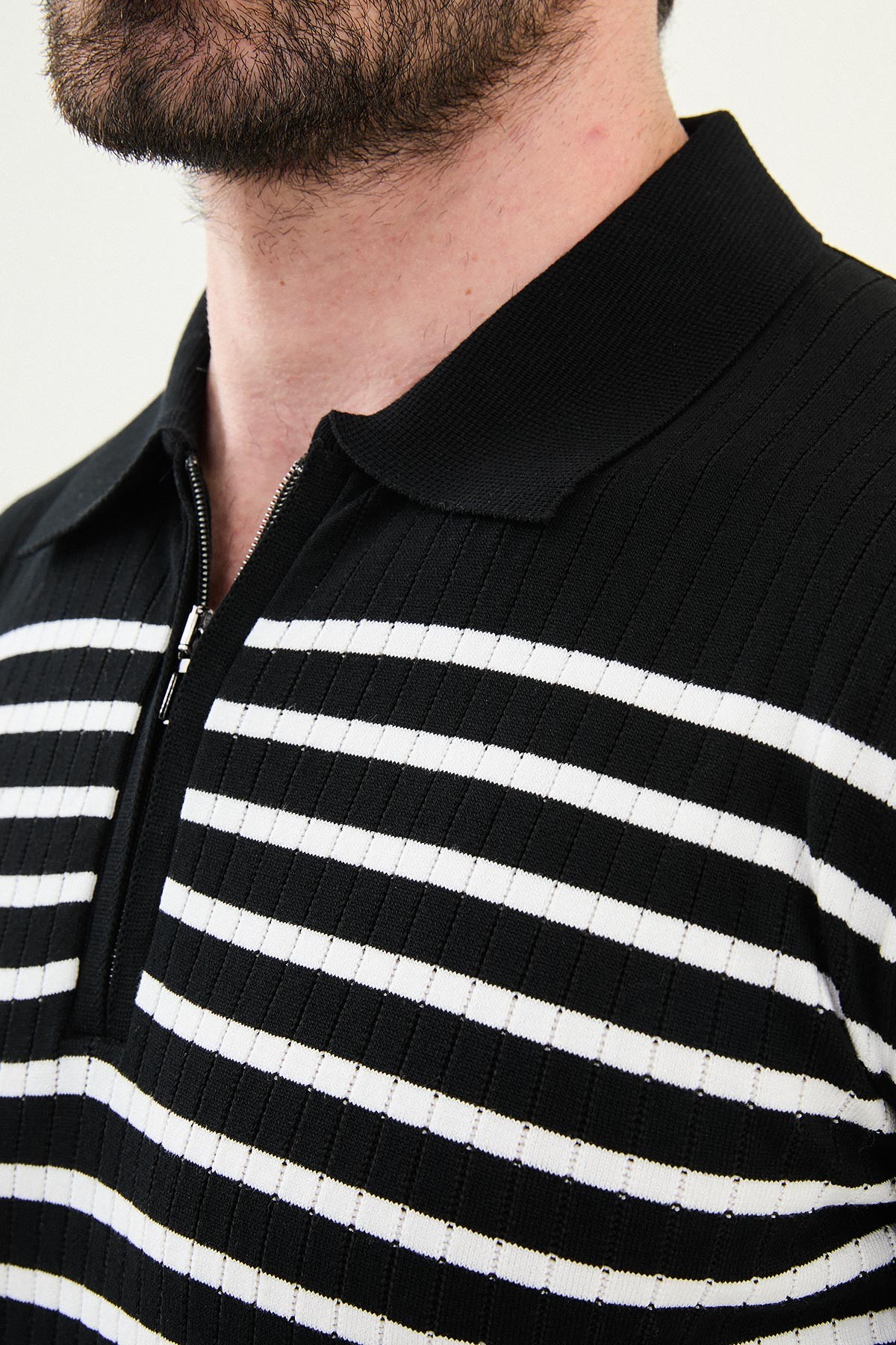 Çizgili Slim Fit Fermuarlı Polo Yaka Erkek Triko T-Shirt