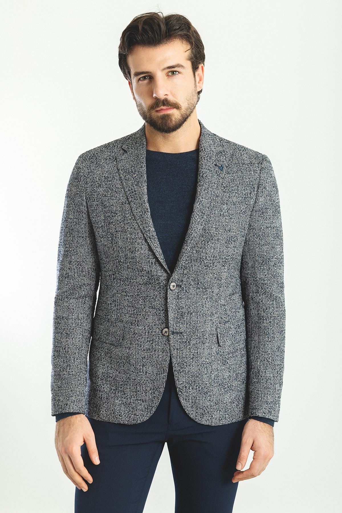 Ekoseli Slim Fit Mono Yaka Yün Erkek Ceket