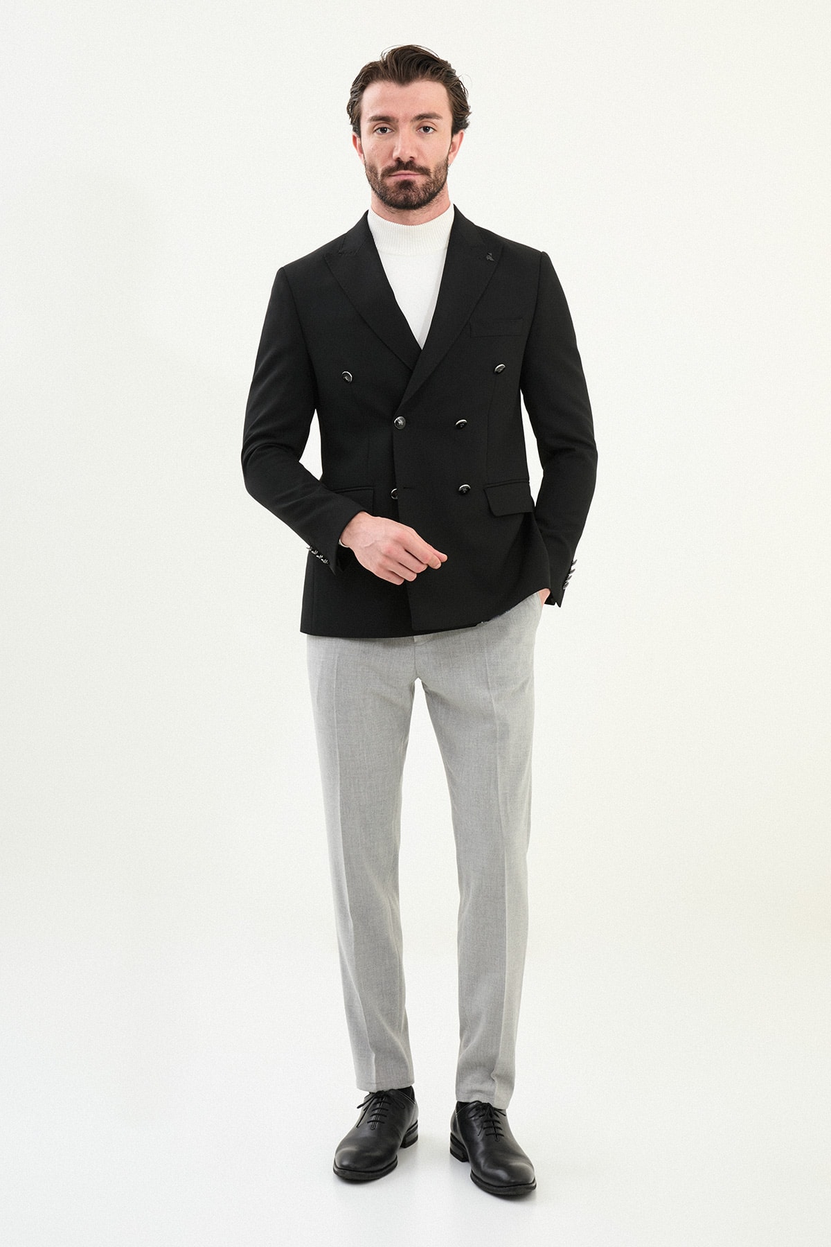 Düz Slim Fit Geniş Yaka Kruvaze Metal Düğmeli Erkek Ceket