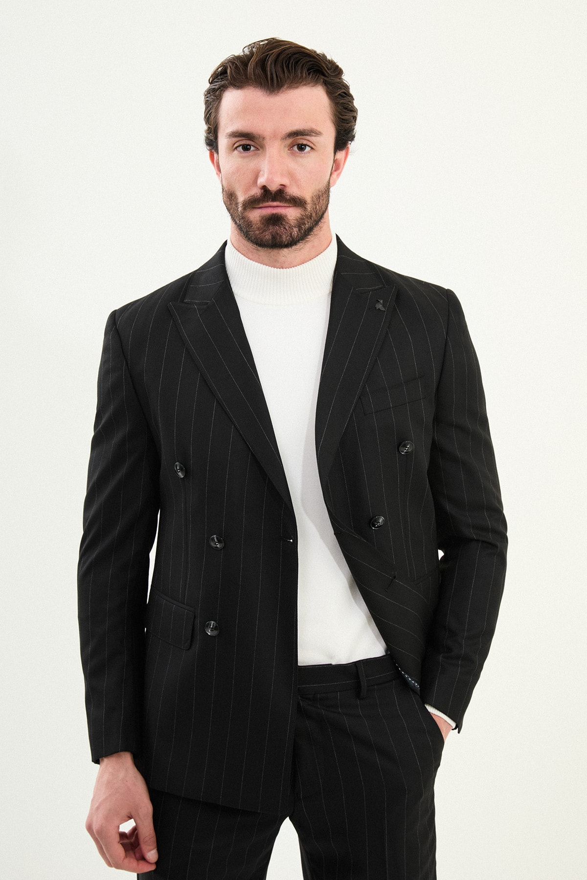 Çizgili Slim Fit Geniş Yaka Kruvaze Erkek Takım Elbise