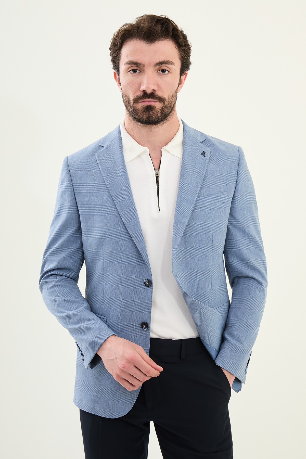 Ekoseli Slim Fit Mono Yaka Erkek Ceket - Mavi