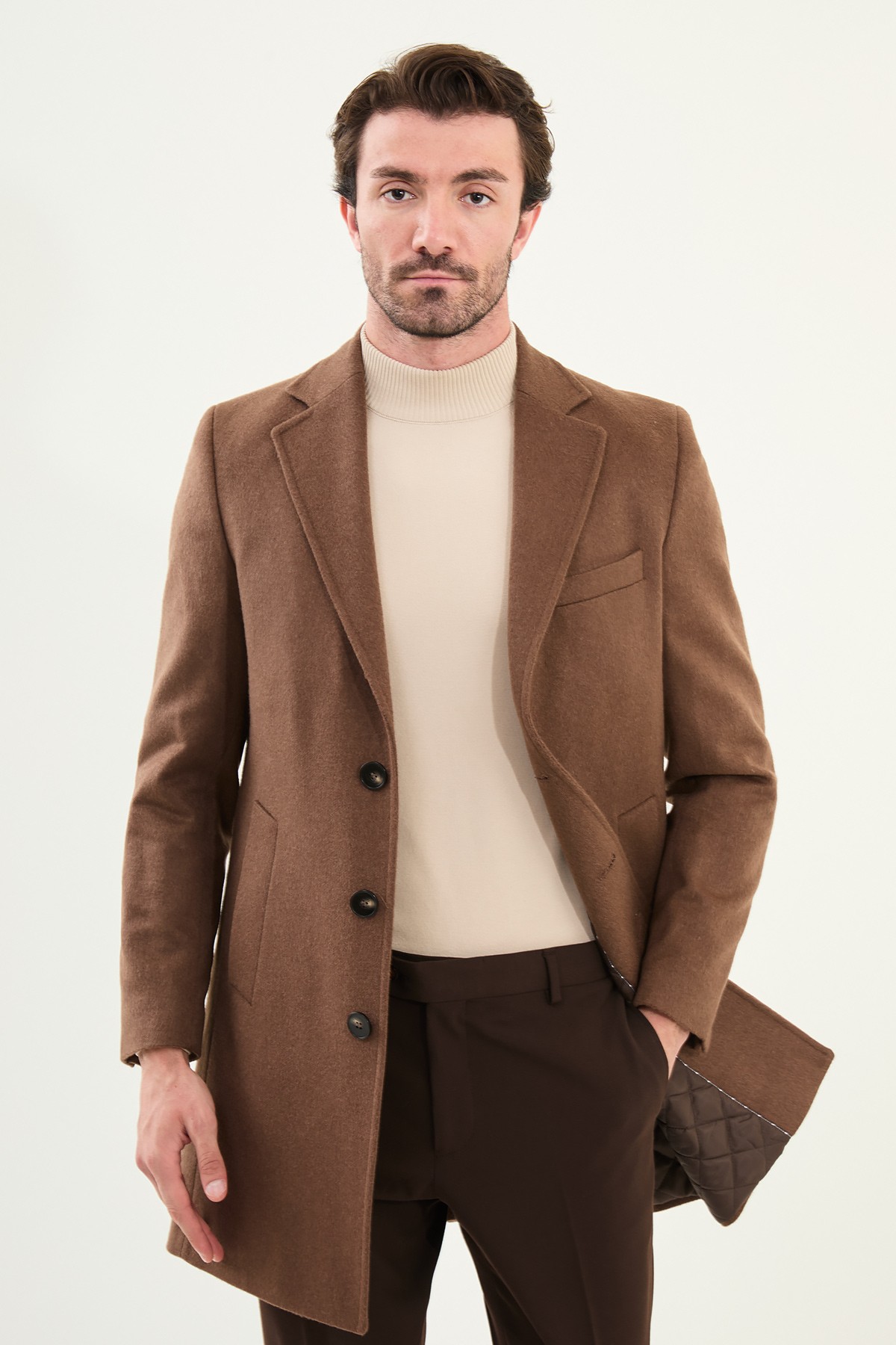 Düz Slim Fit Mono Yaka Klasik Yün Erkek Kaban - Kamel