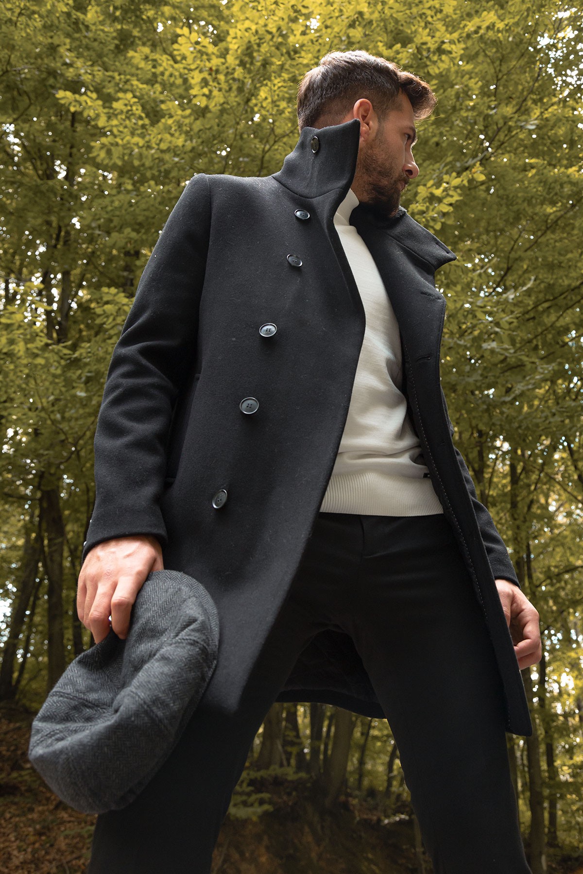 Düz Slim Fit Kürklü Şal Yaka Yün Erkek Kaban