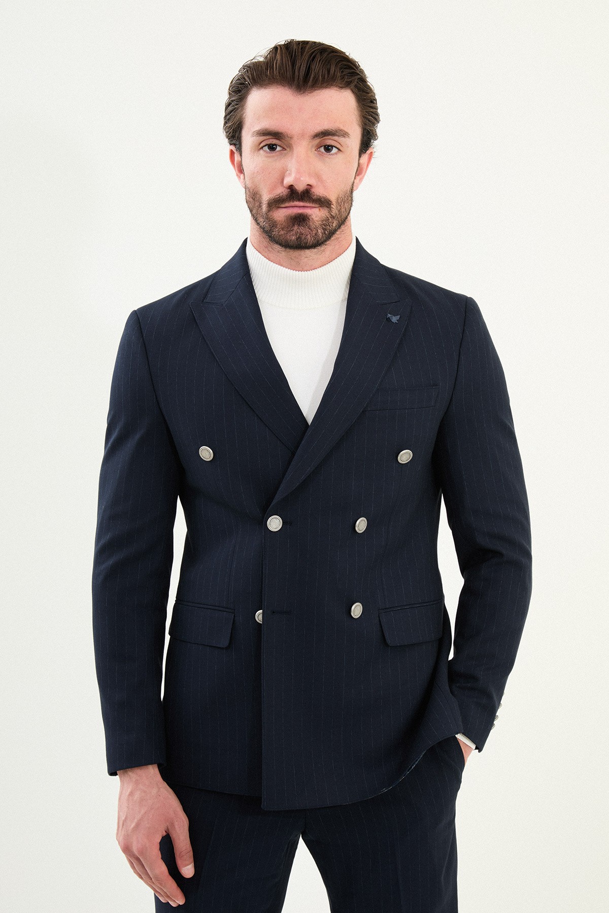Çizgili Slim Fit Geniş Yaka Kruvaze Metal Düğmeli Erkek Takım Elbise - Lacivert