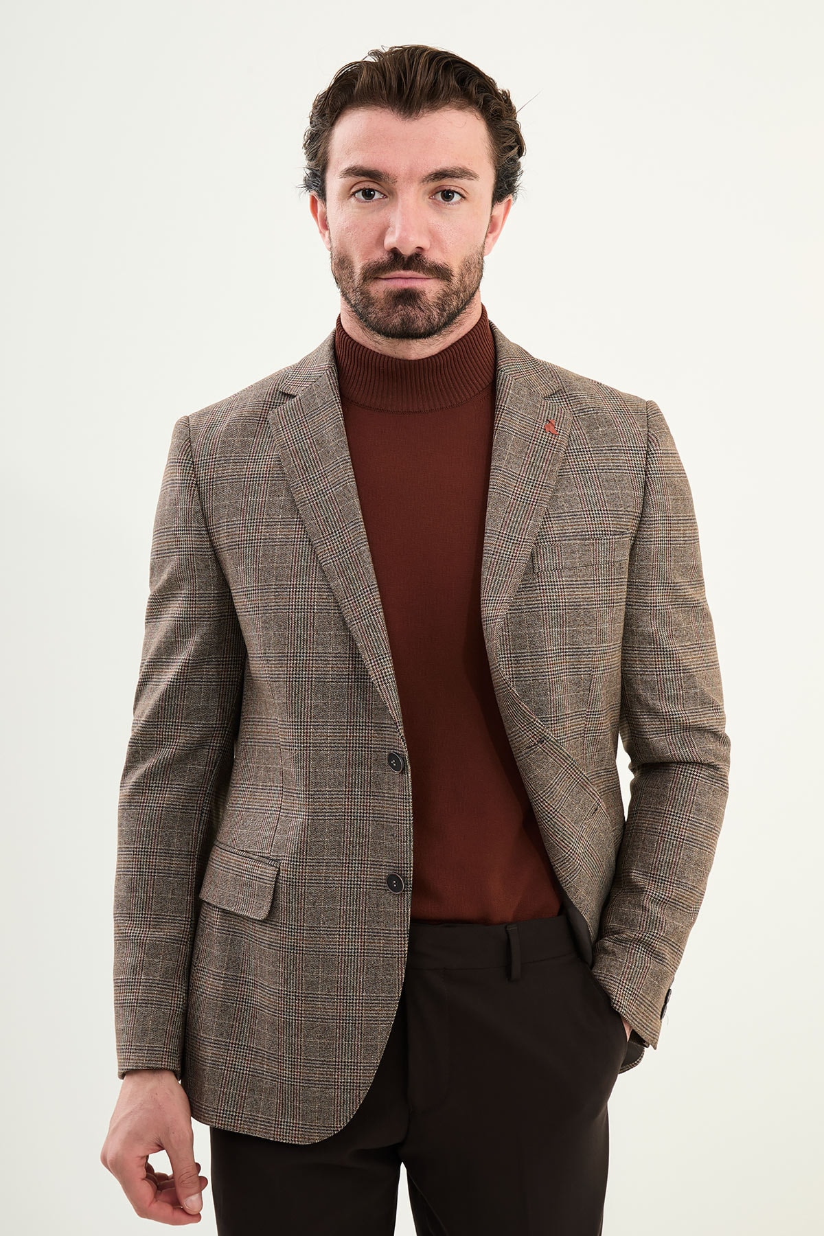 Ekoseli Slim Fit Mono Yaka Erkek Ceket - Kahverengi